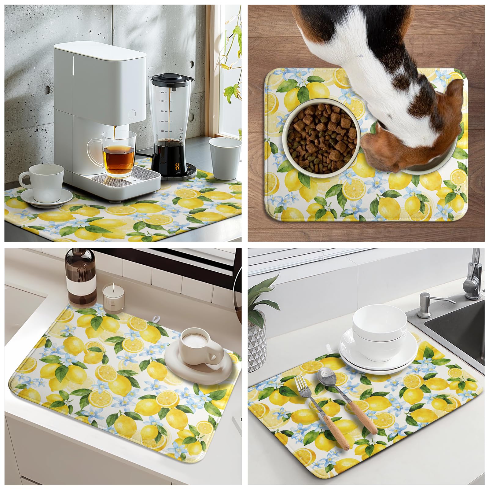Lemon Dish Drying Mat 18x24 Inch Absorbent Reversible Summer Drying Mat Floral Lemon Fruits Dish Drying Rack Mat Yellow Summer Themed Dish Drainer Mat for Kitchen Counter Coffee Bar