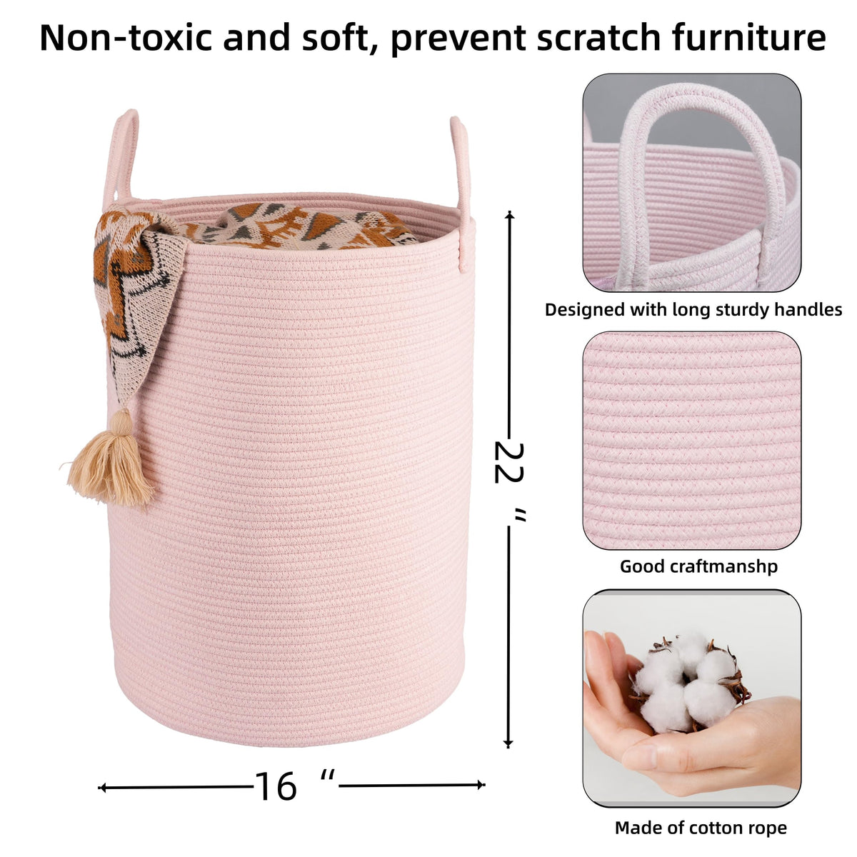 Cotton Rope Laundry Basket Hamper for Clothes Large Light Pink