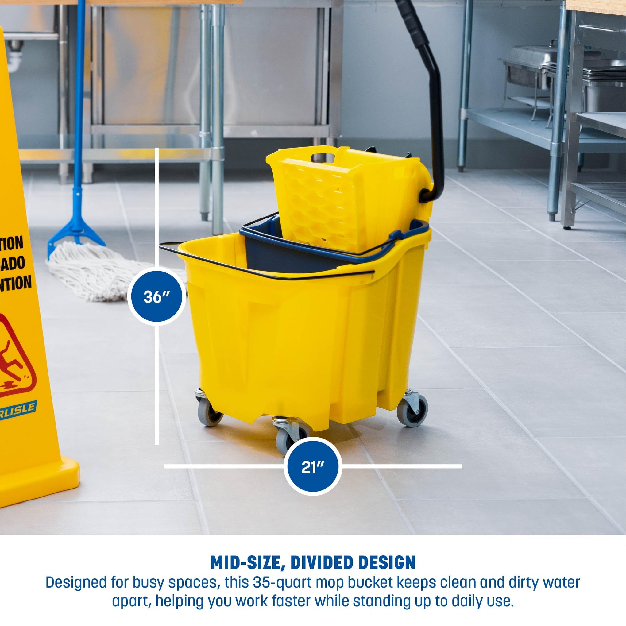 Carlisle FoodService Products Omnifit Mop Bucket with Side Press Wringer and Soiled Water Insert for Floor Cleaning