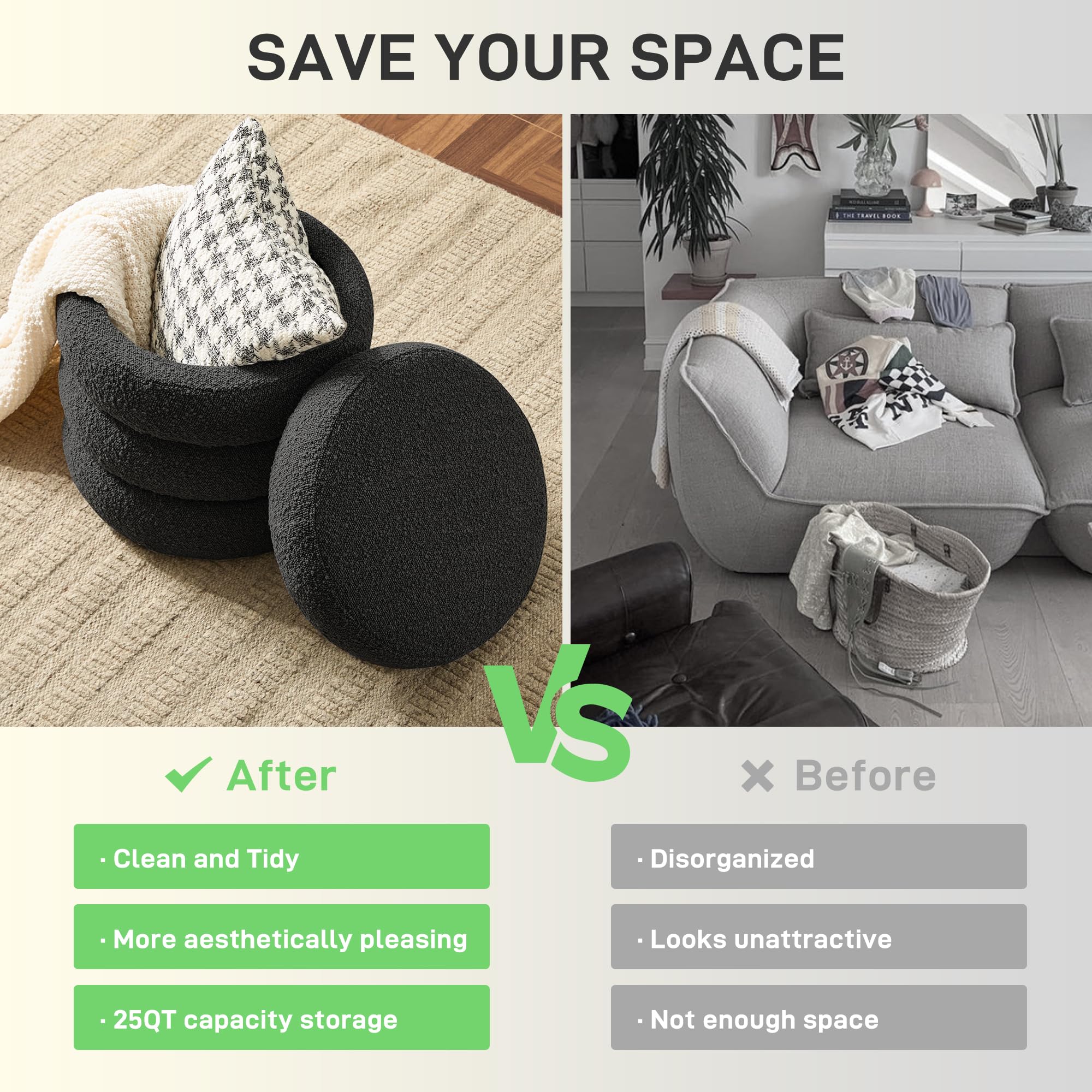 Round Ottoman with Storage Boucle Ottoman