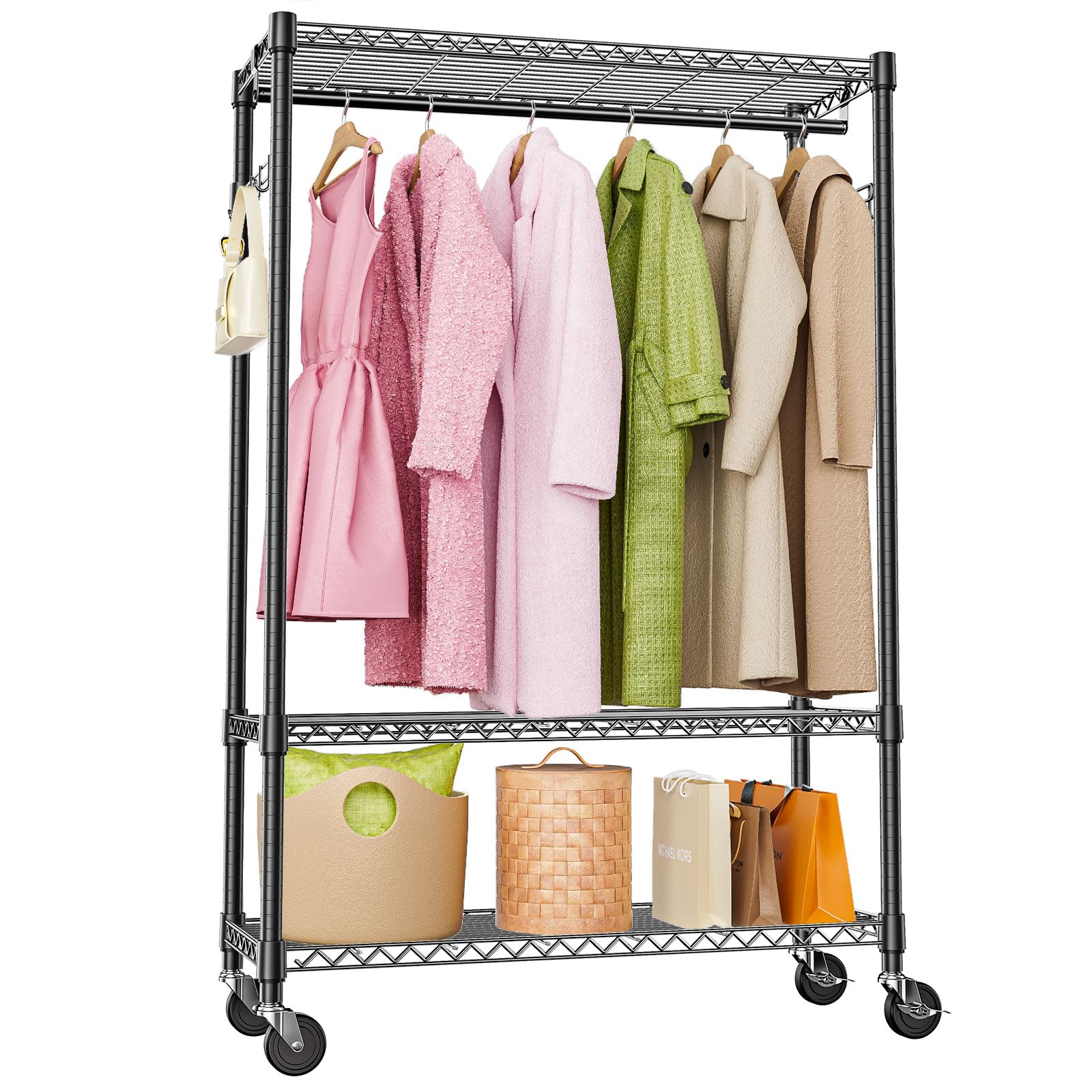 Heavy Duty Rolling Garment Rack 3 Tiers Adjustable Wire Shelving Clothes Rack with 1 Rods and Side Hooks