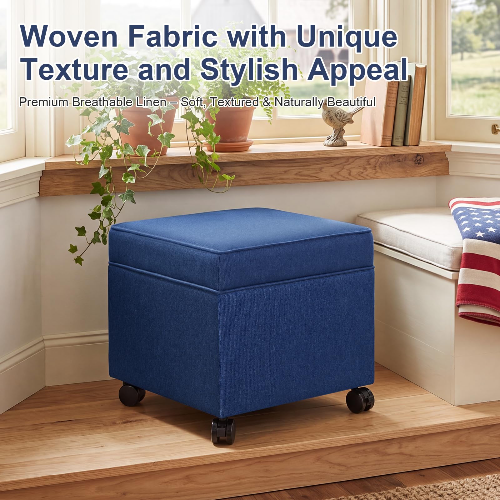 17.5" Navy Blue Square Fabric Storage Ottoman with Rolling Legs
