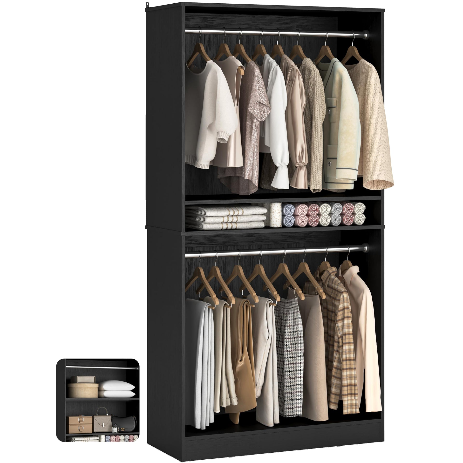 3FT Freestanding Closet System with 2 Hanging Rods & Adjustable Shelve