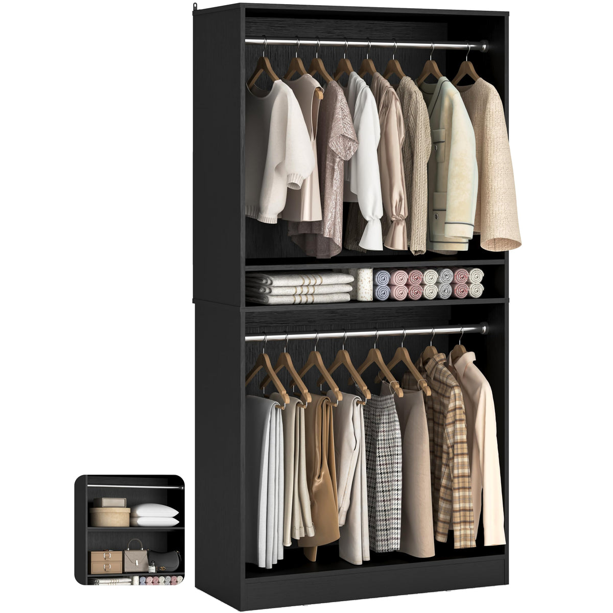 3FT Freestanding Closet System with 2 Hanging Rods & Adjustable Shelve
