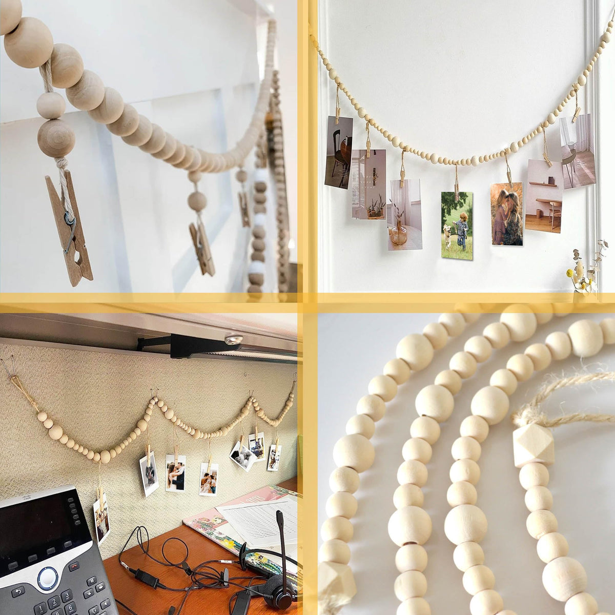 6 Feet Wooden Beads Garland with Clothespins Picture Cards Holder