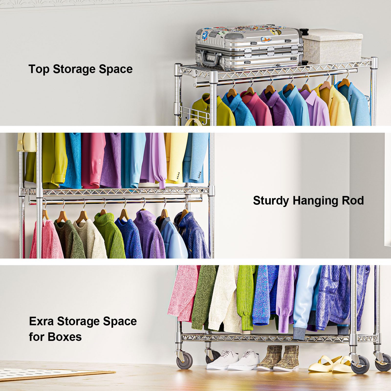 Heavy Duty Rolling Garment Rack 3 Tiers Adjustable Wire Shelving Clothes Rack with 2 Rods and Side Hooks