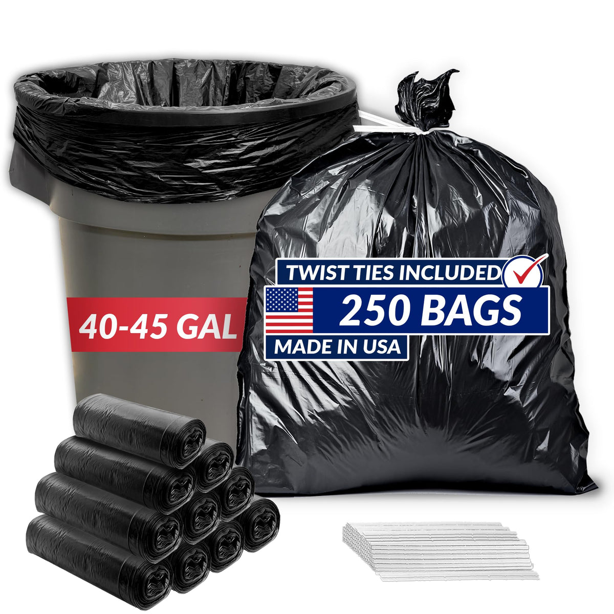 40 to 45 Gallon Trash Bags Heavy Duty (250 Count)