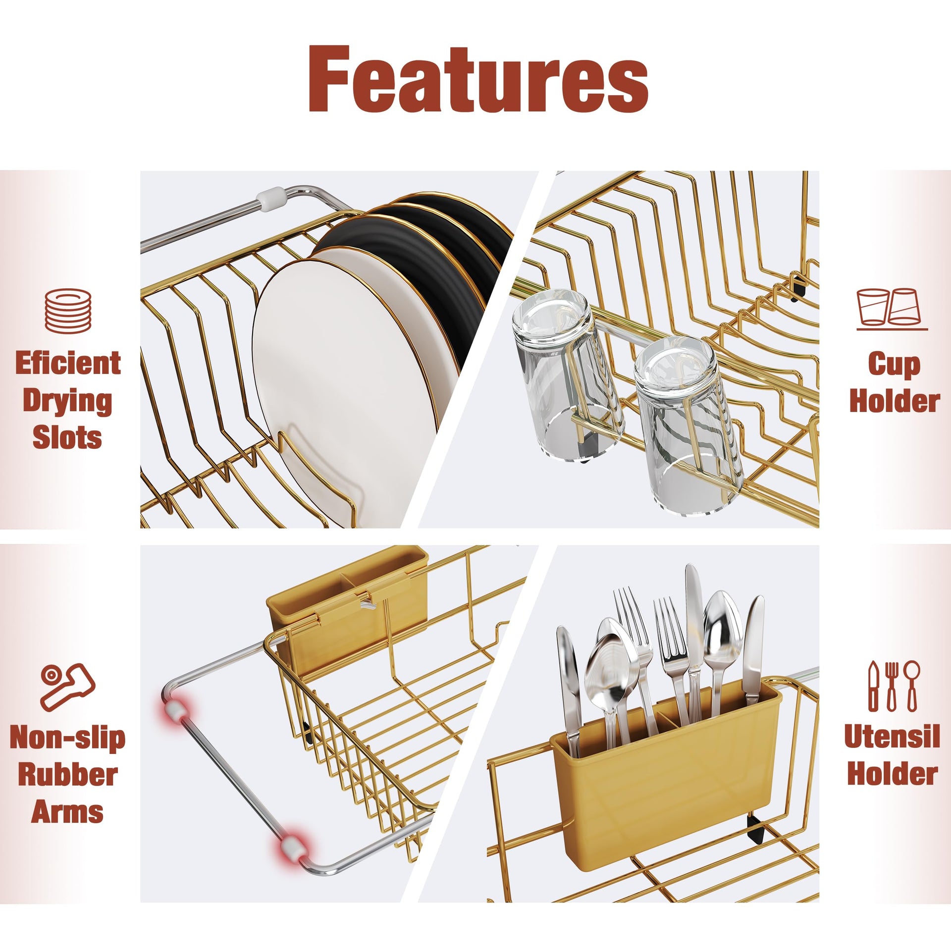Gold Dish Drying Rack in Sink with Drainboard and Utensil Holder