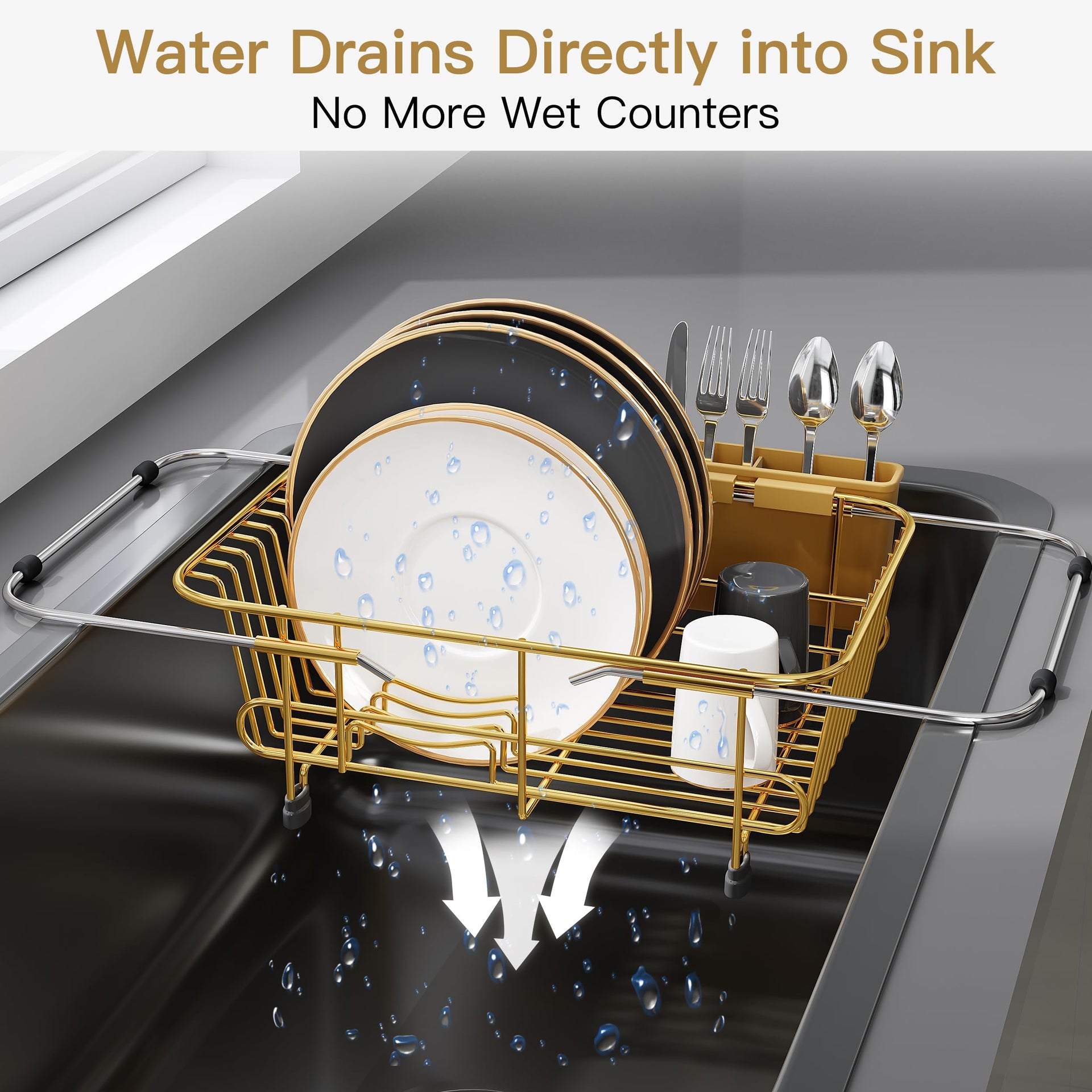 Gold Dish Drying Rack in Sink with Utensil Holder