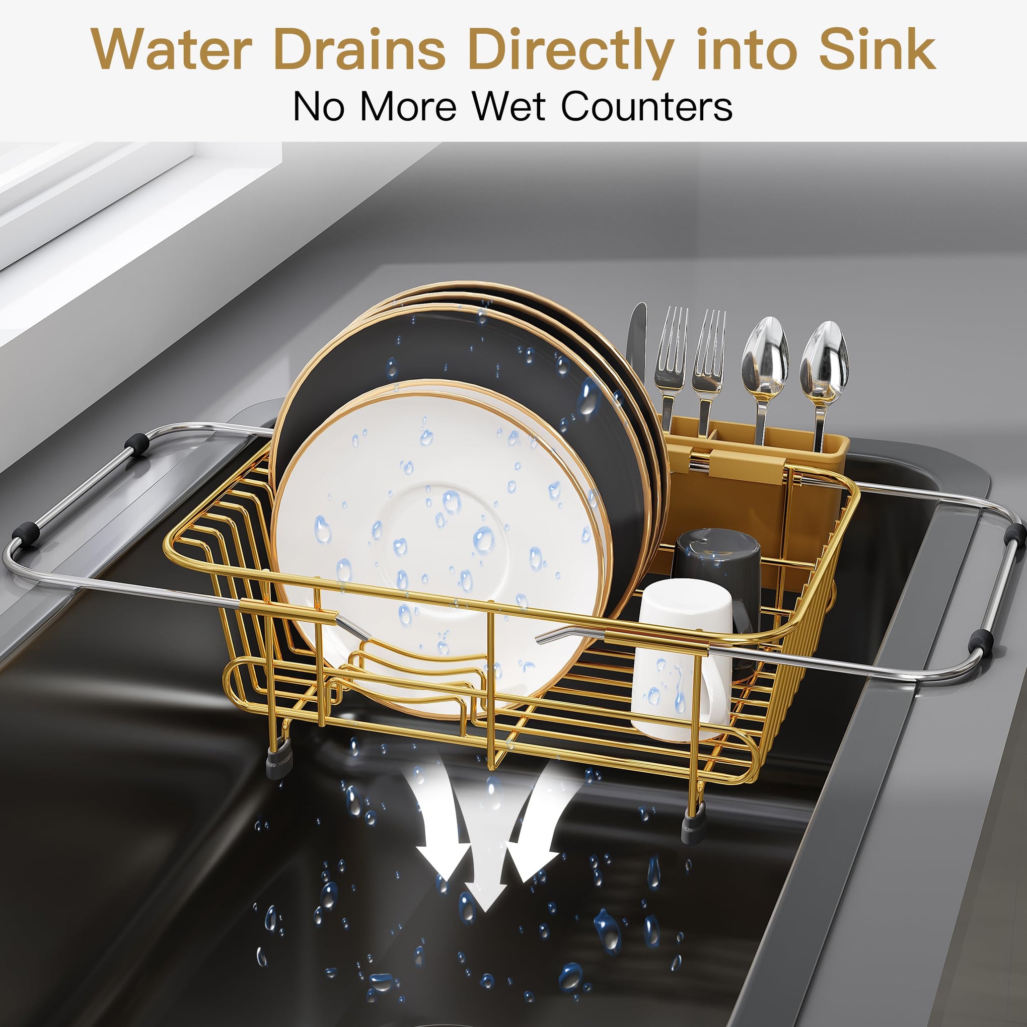 Gold Dish Drying Rack in Sink with Utensil Holder