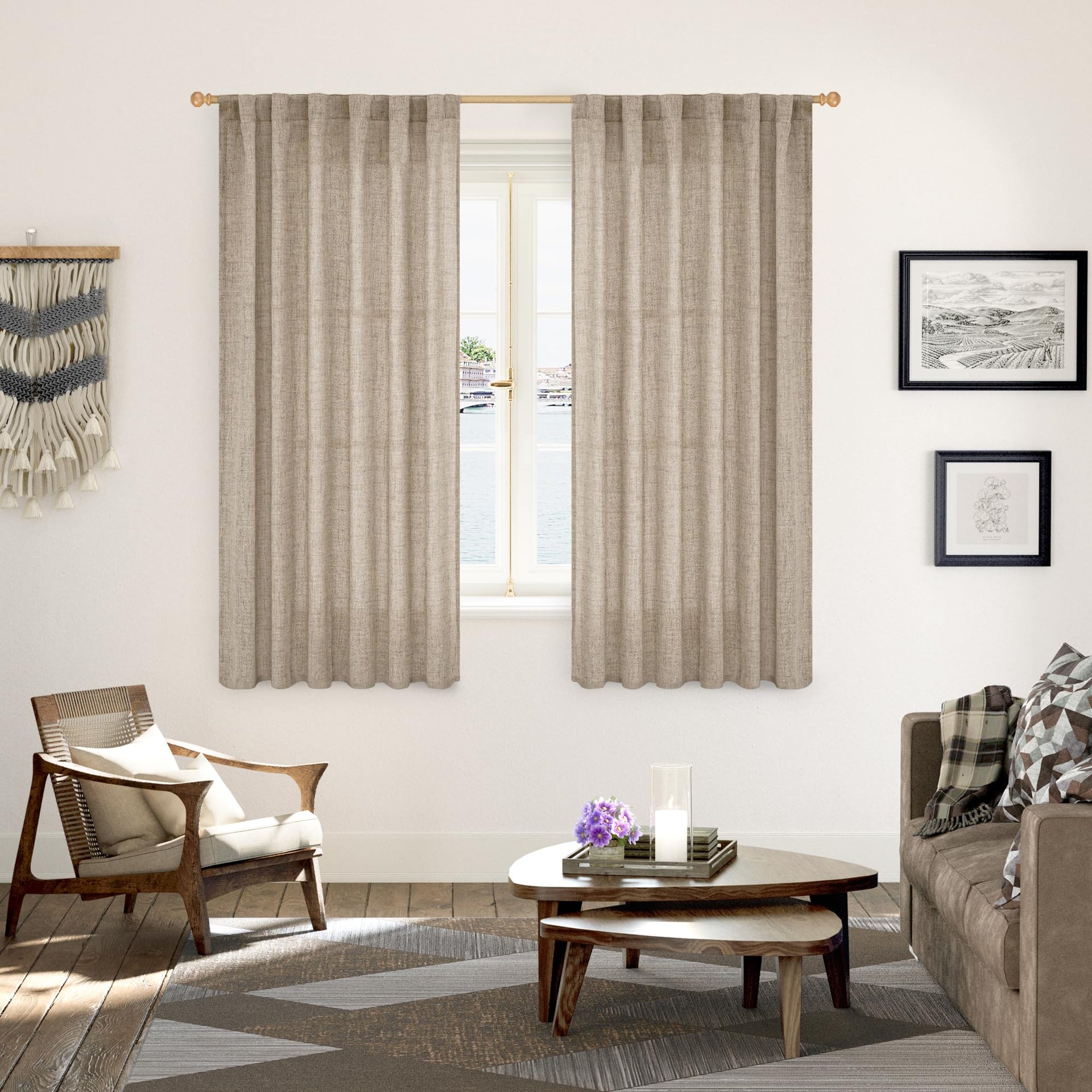 Dark Oatmeal Linen Curtains 63 Inches Long for Living Room Window (2 Count)