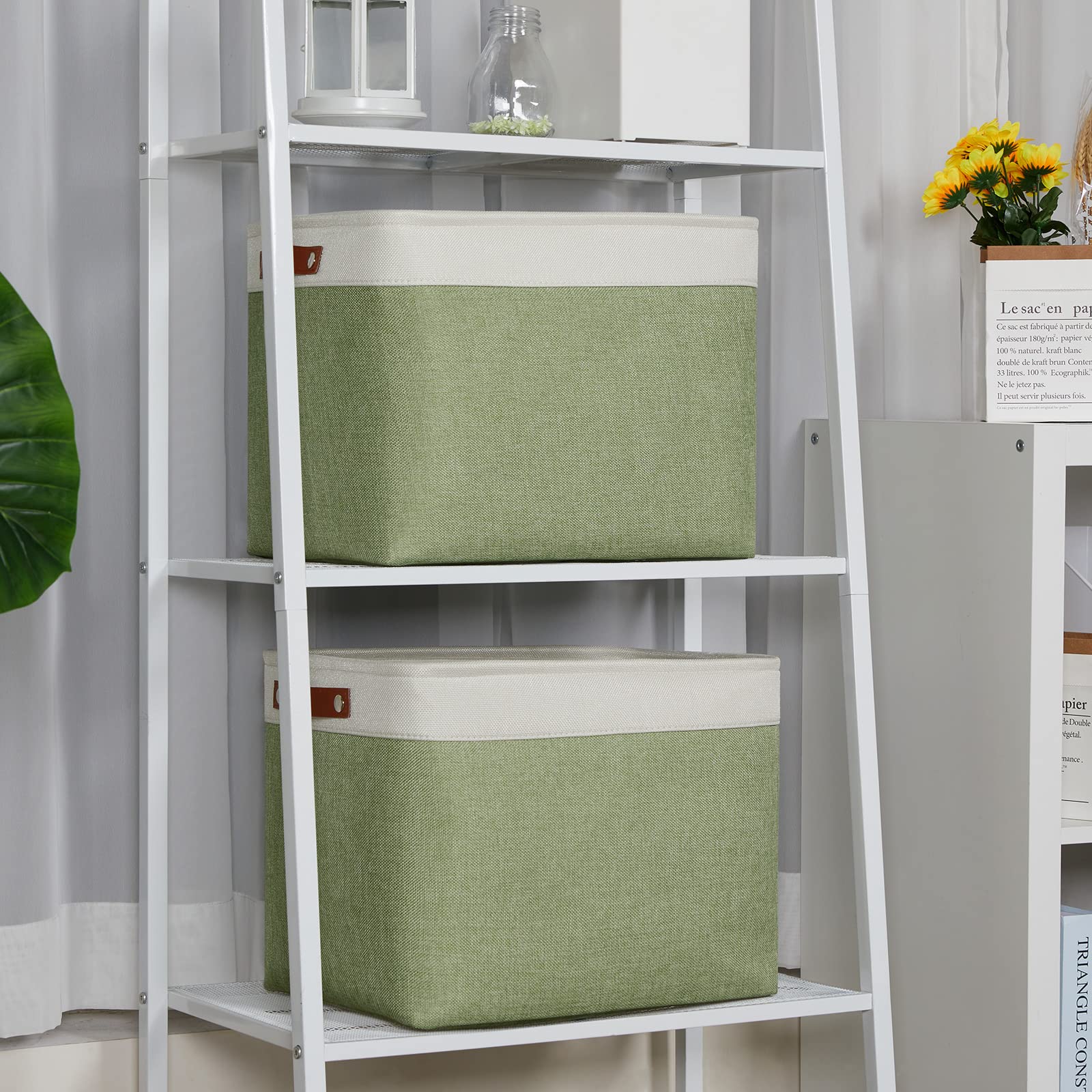 2 Pack Large Storage Baskets for Organizing 16"x12"x12" Canvas Fabric Storage Basket Bins With Leather Handles for Shelf Clothes Empty Gift Basket (2 Count)