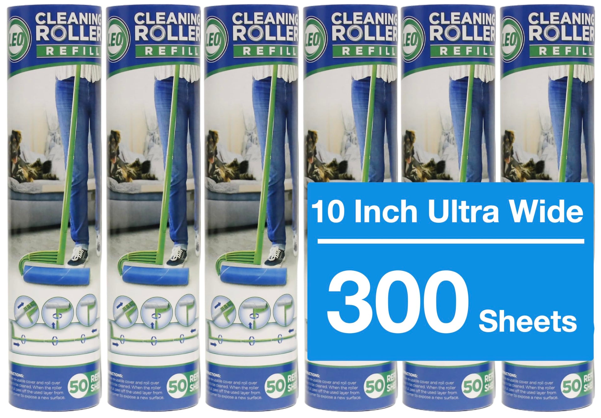 Large 10 Inch Wide Lint Roller Refills 6 Rolls 300 Ultra (300 Count)