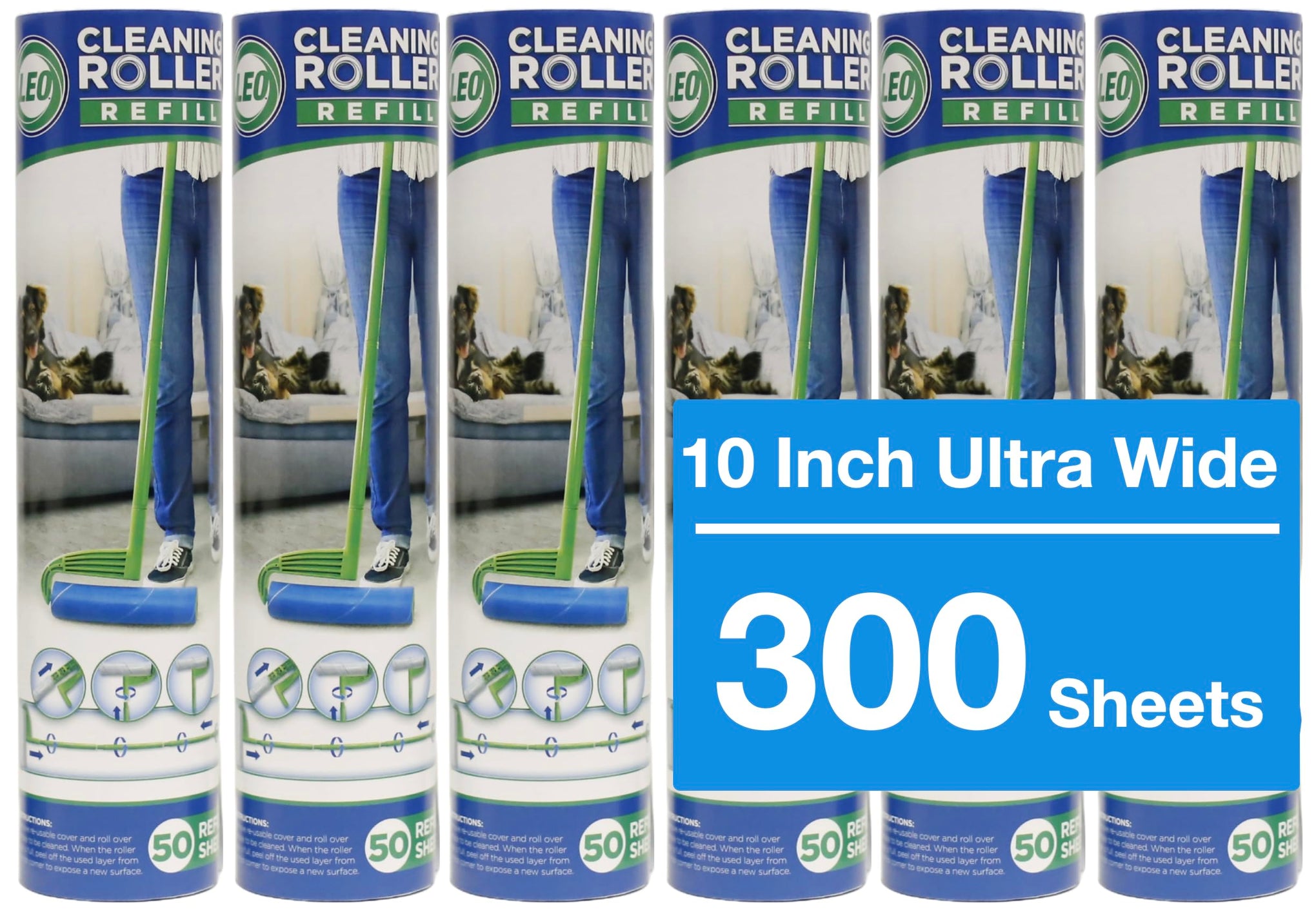 Large 10 Inch Wide Lint Roller Refills 6 Rolls 300 Ultra (300 Count)