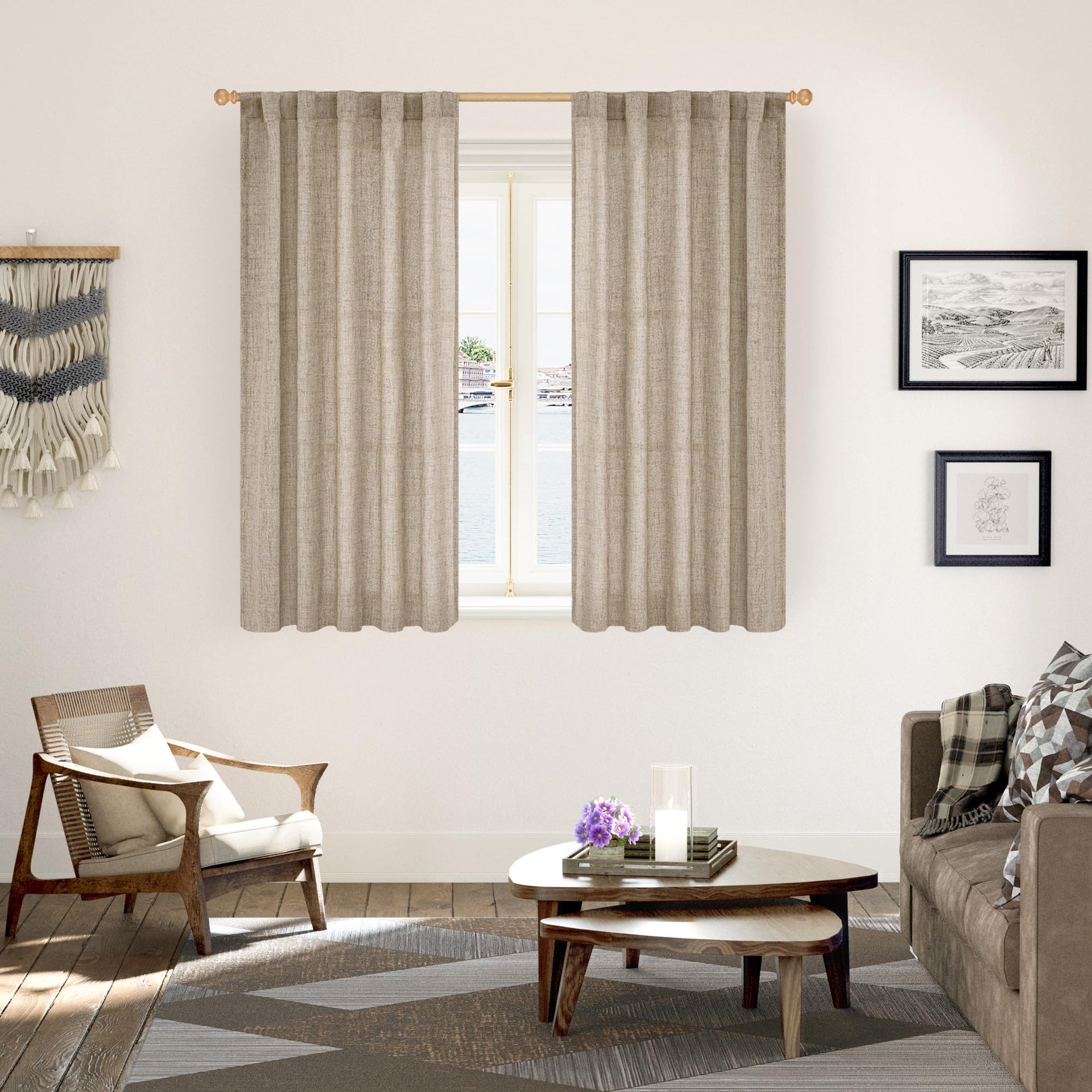 Dark Oatmeal Linen Semi Sheer Curtains 48 Inch Length 2 Panels (2 Count)