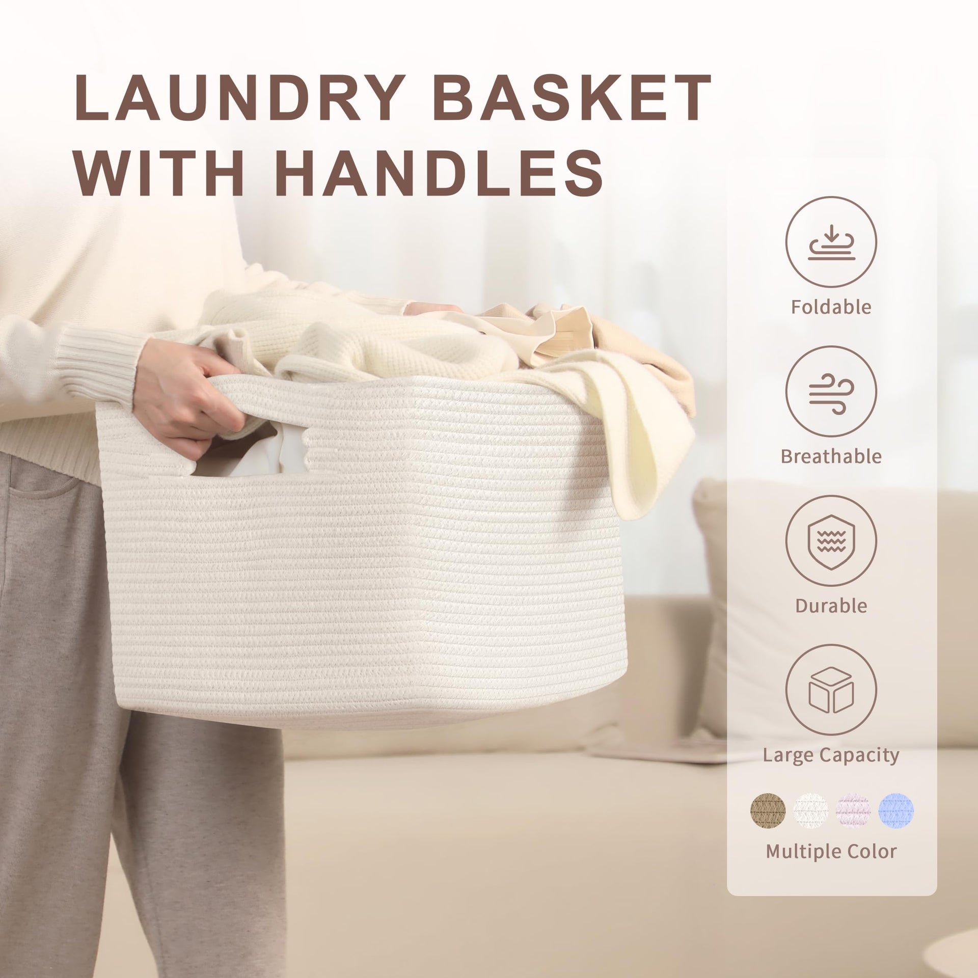 45L Small Woven Laundry Basket Hamper with Handles