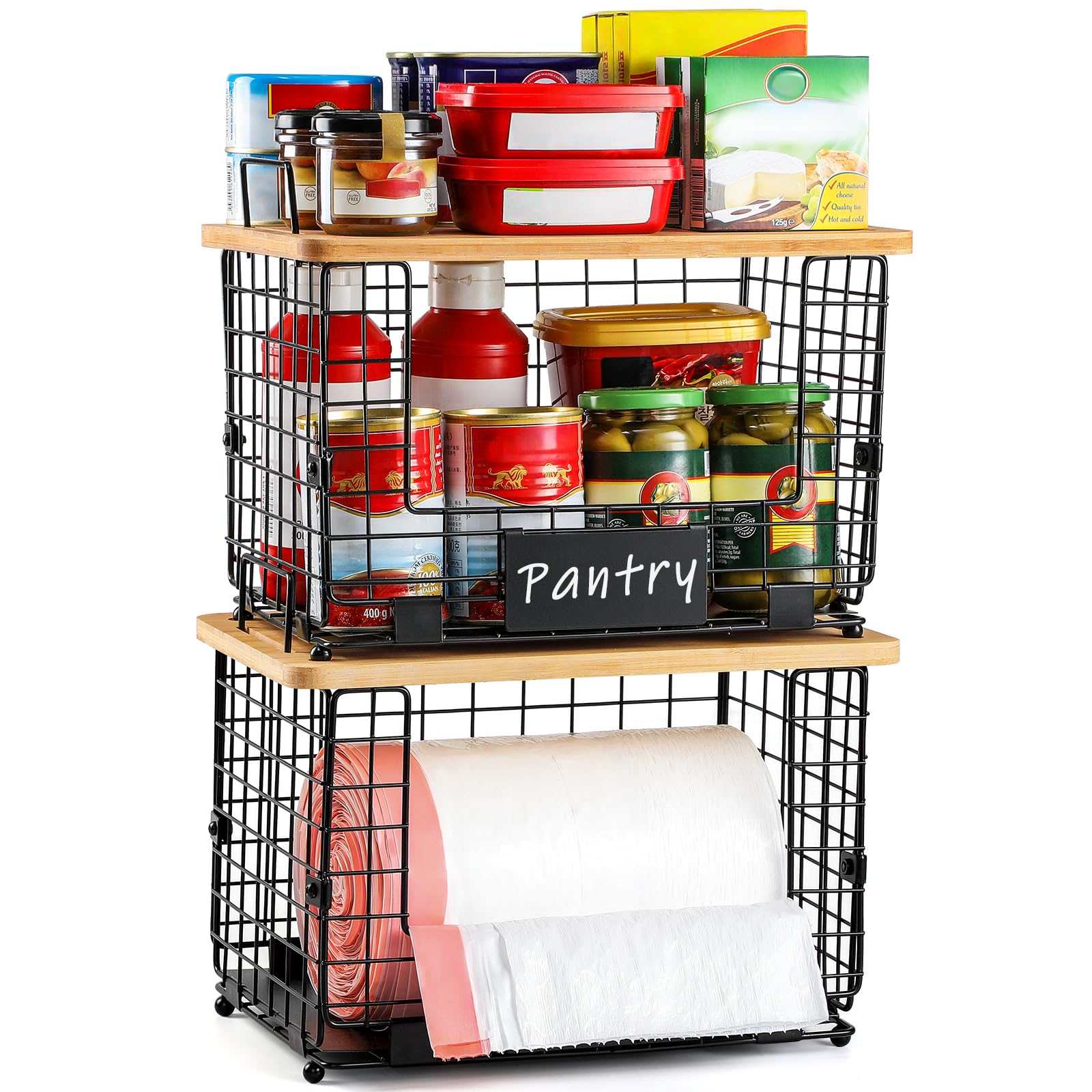 1 Pack Stackable Storage Trash Bag Baskets with Bamboo Top