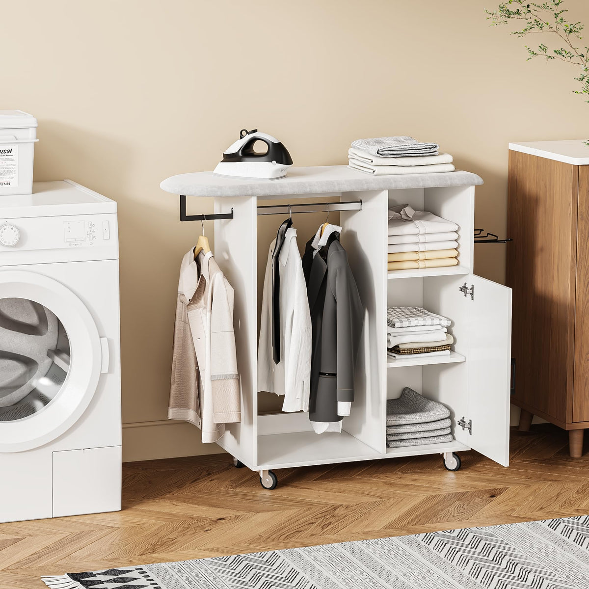 Rolling Ironing Board with Storage Cabinet