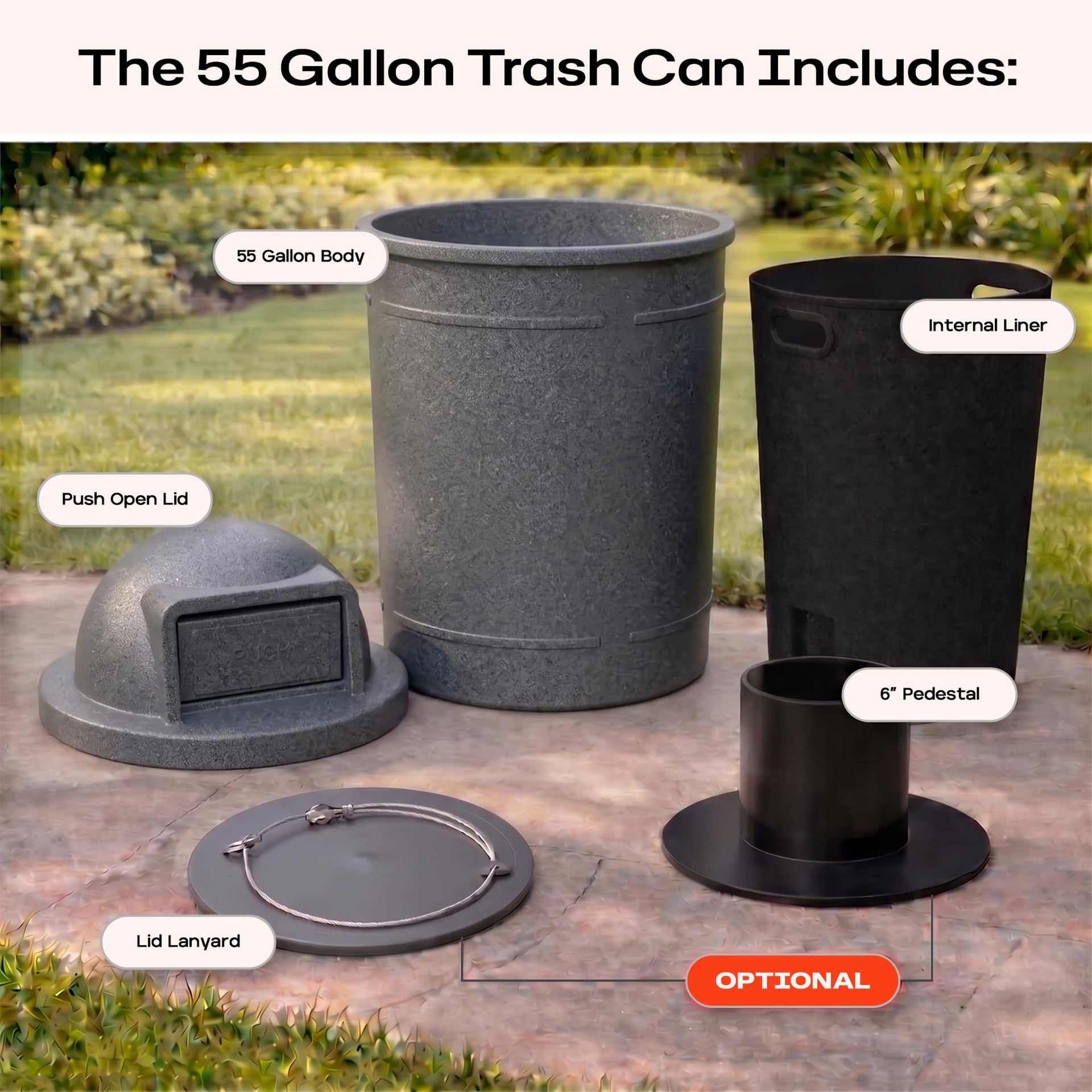 Campus Collection 55 Gallon Plastic Commercial Garbage Can with Push Lid