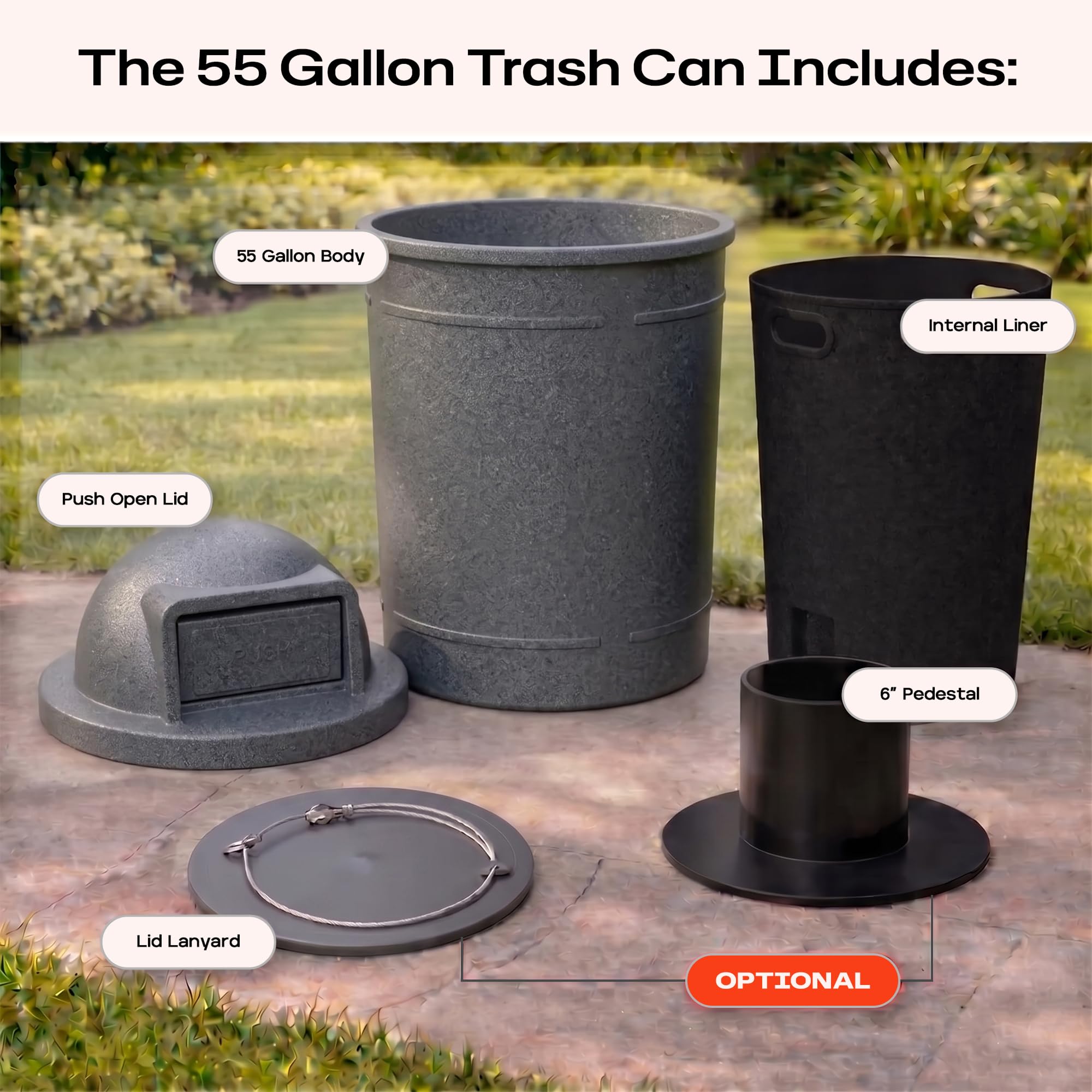 Campus Collection 55 Gallon Plastic Commercial Garbage Can with Push Lid
