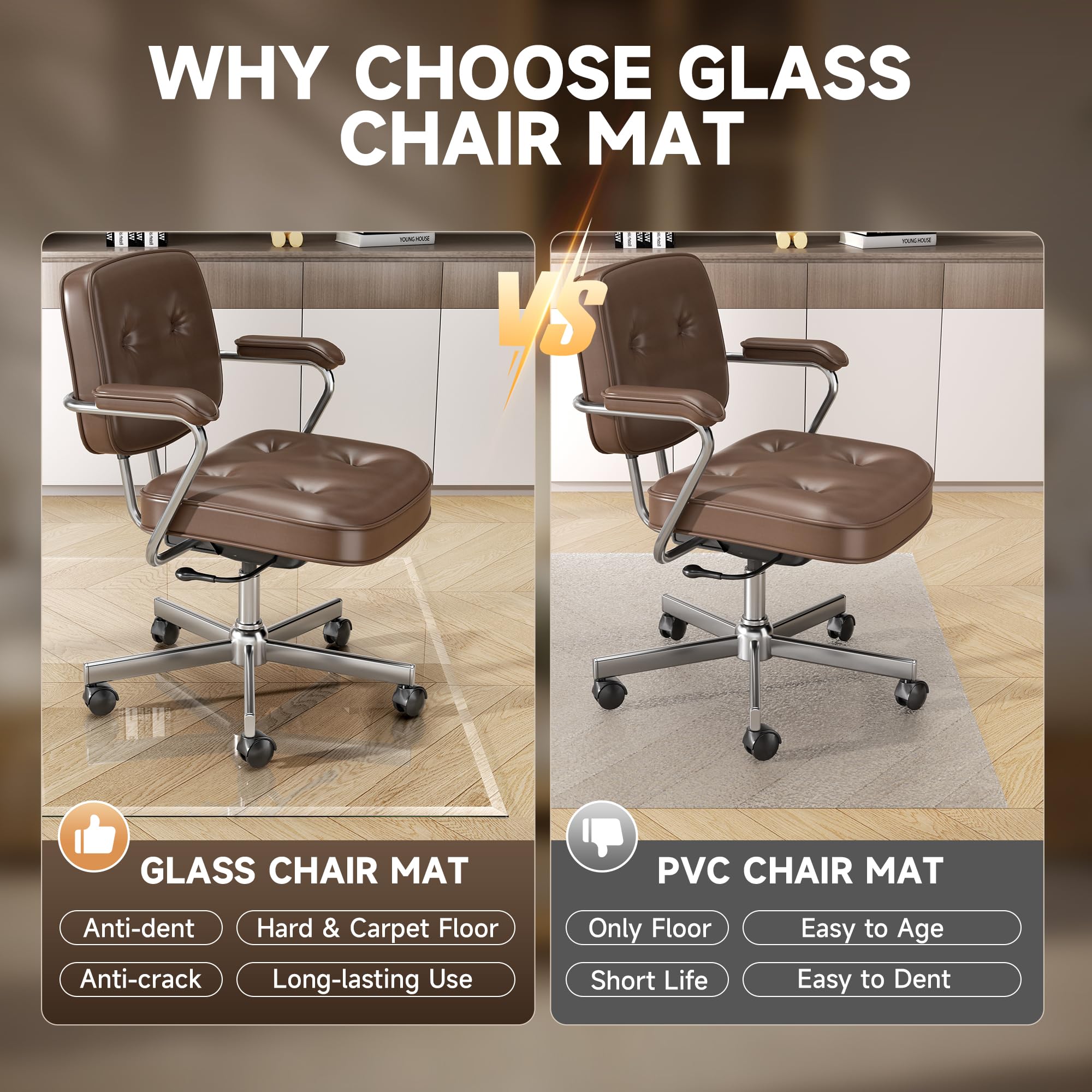 Tempered Glass] 50“ x 44” Beveled Edge Glass Chair Mat with Polished Edge Clear Office Chair Mat