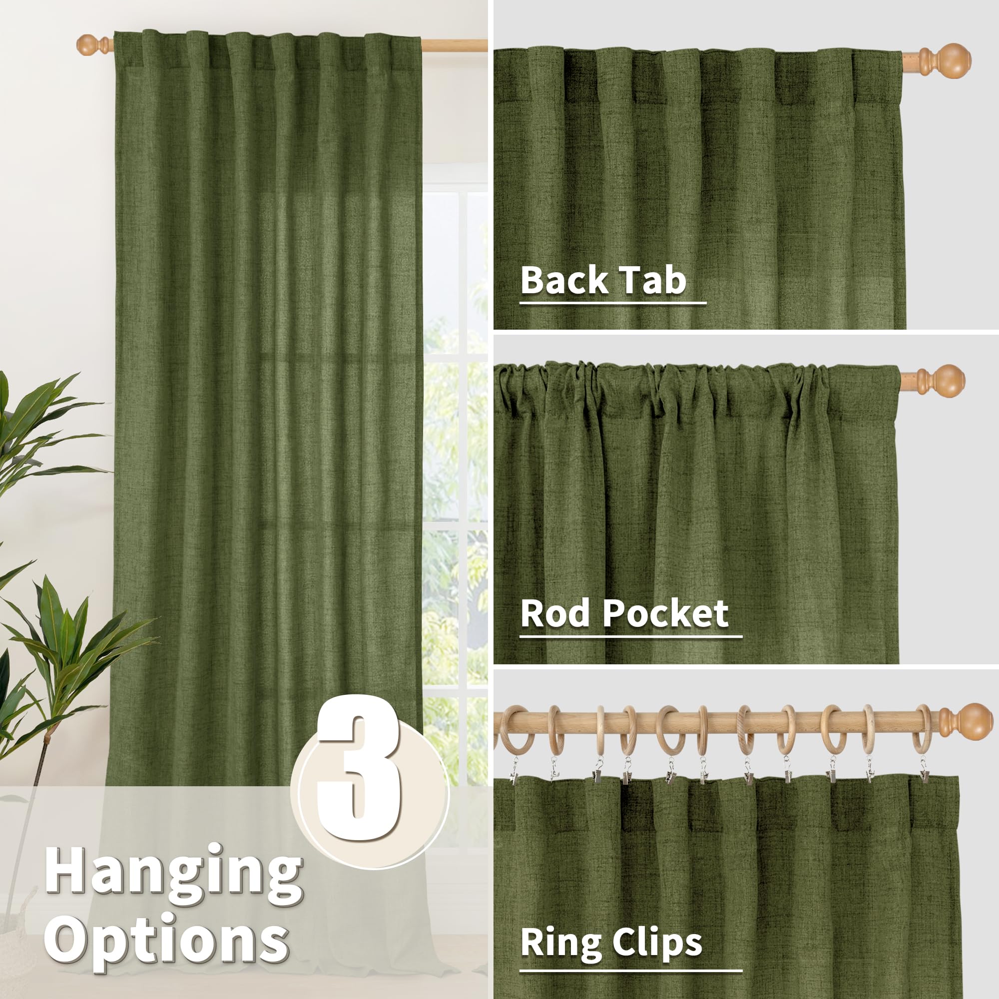Olive Green Linen Curtains 80 Inch Length for Living Room (2 Count)