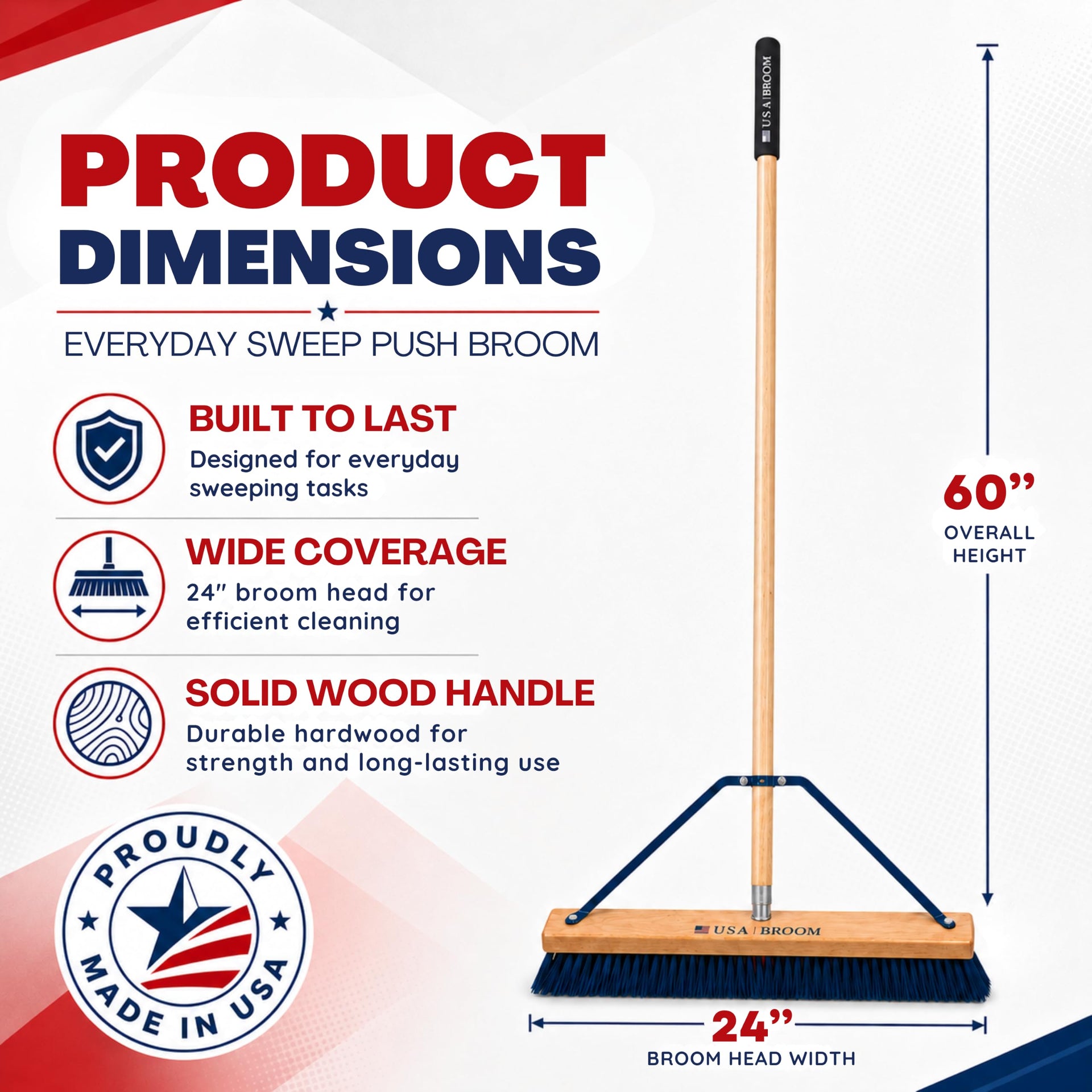 2-Pack - 24" Everyday Sweep Indoor/Outdoor Push Broom with 60" Handle. Ideal for Garages & Shops. Durable American Made Steel Brackets-All Stainless Steel Hardware. No Plastic. 100% USA Made