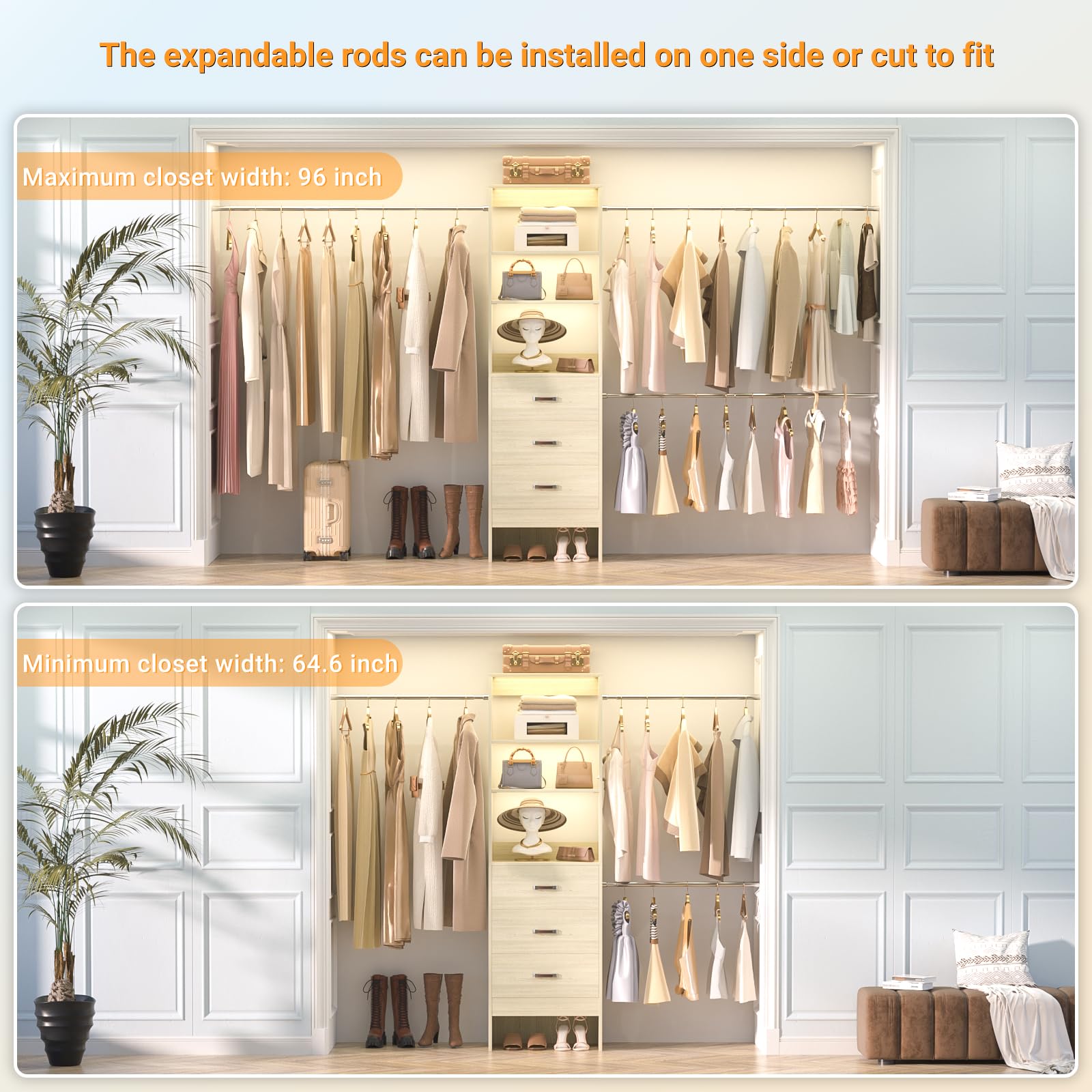 96'' Closet Organizer System with 3 Hanging Rods