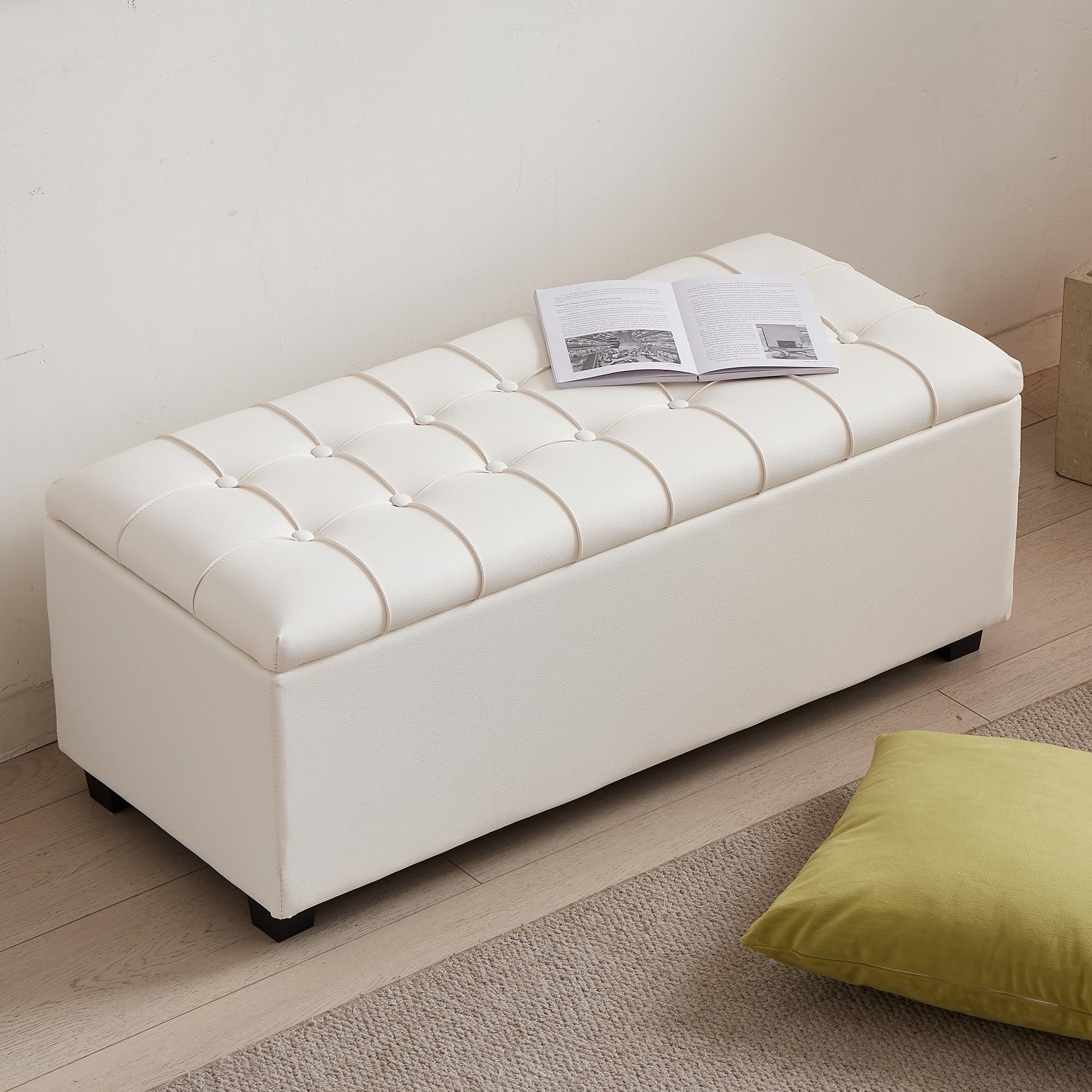 38" White Faux Leather Ottoman Storage Bench with Hinged Lid and Foot Rest