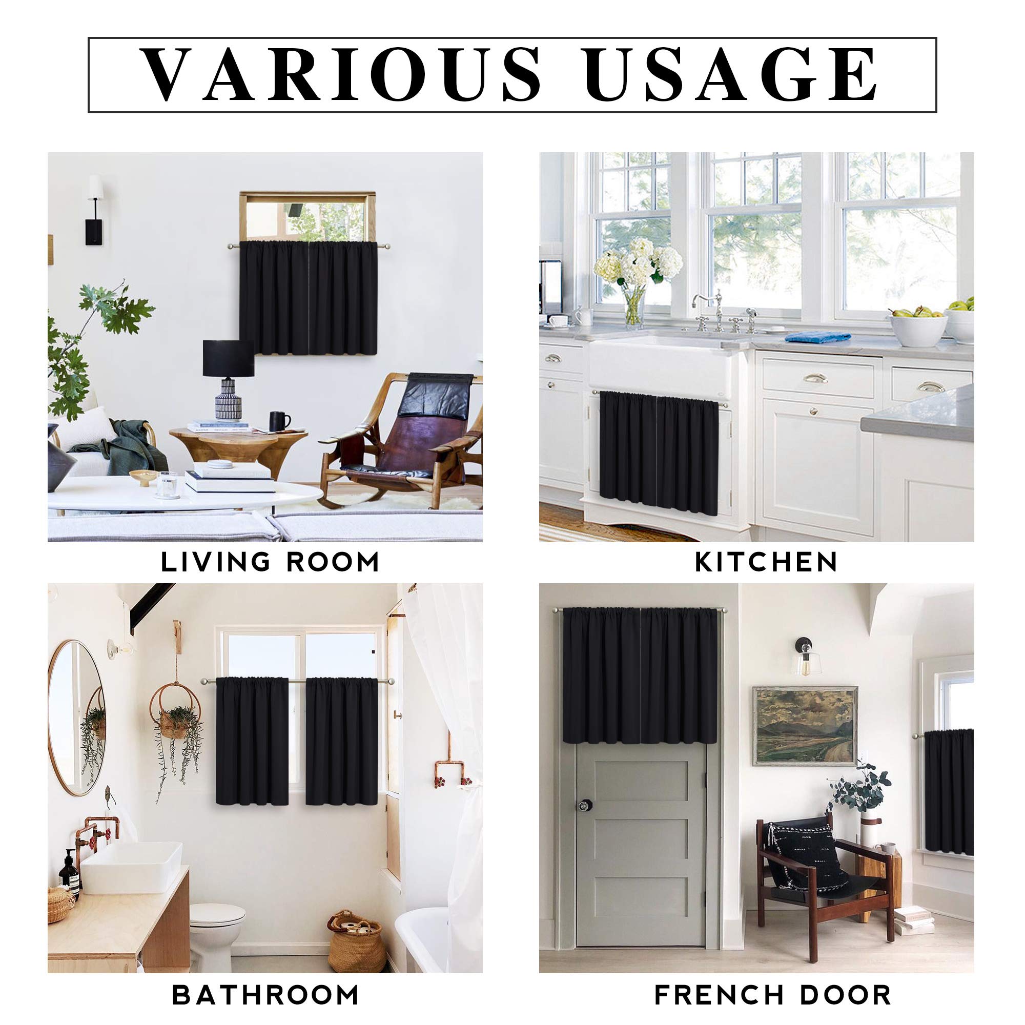 Short Black Blackout Curtains for Small Bedroom Kitchen Window