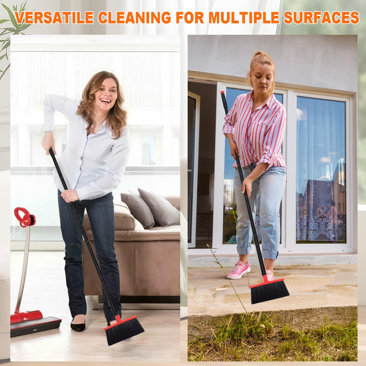 Small Broom Stiff Bristles Brush with Long Handle Indoor or Outdoor Compact Broom for Sweeping Patio Garage Garden