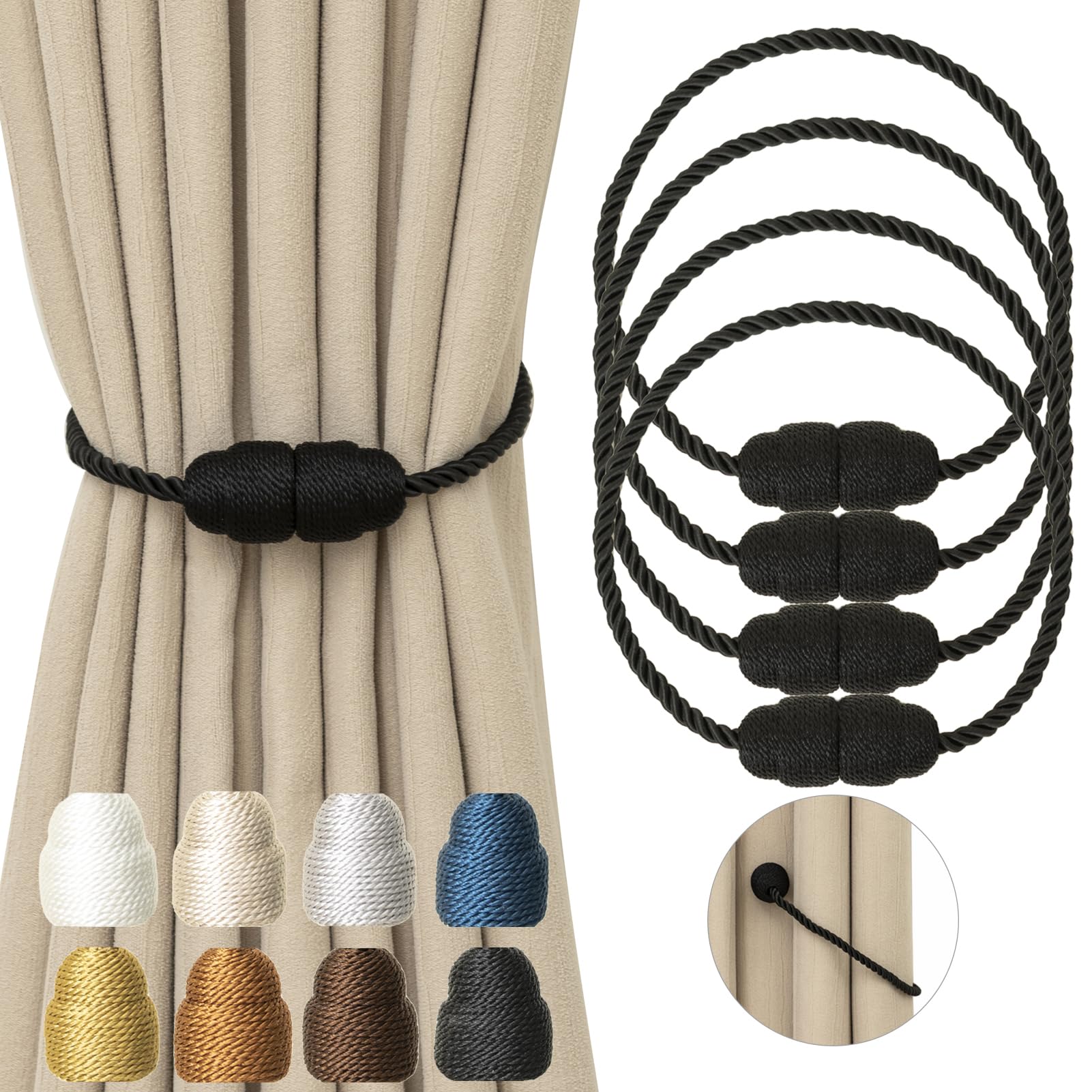 Magnetic Curtain Tiebacks Rope Curtain Tie Backs for Curtains 4 Pack Curtain Holders for Drapes Decorative Window Curtain Holdbacks