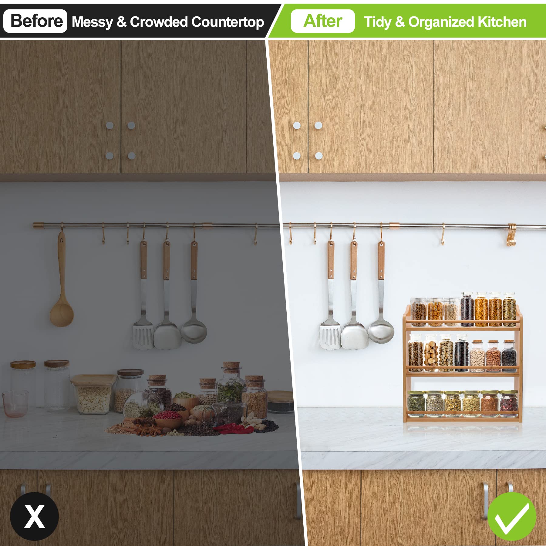 3 Tier Bamboo Spice Rack Wall Mount or Countertop