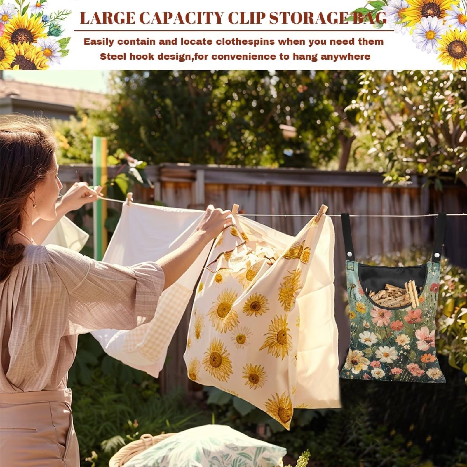 Wild Daisy Waterproof Clothespin Bag with Hanging Hook