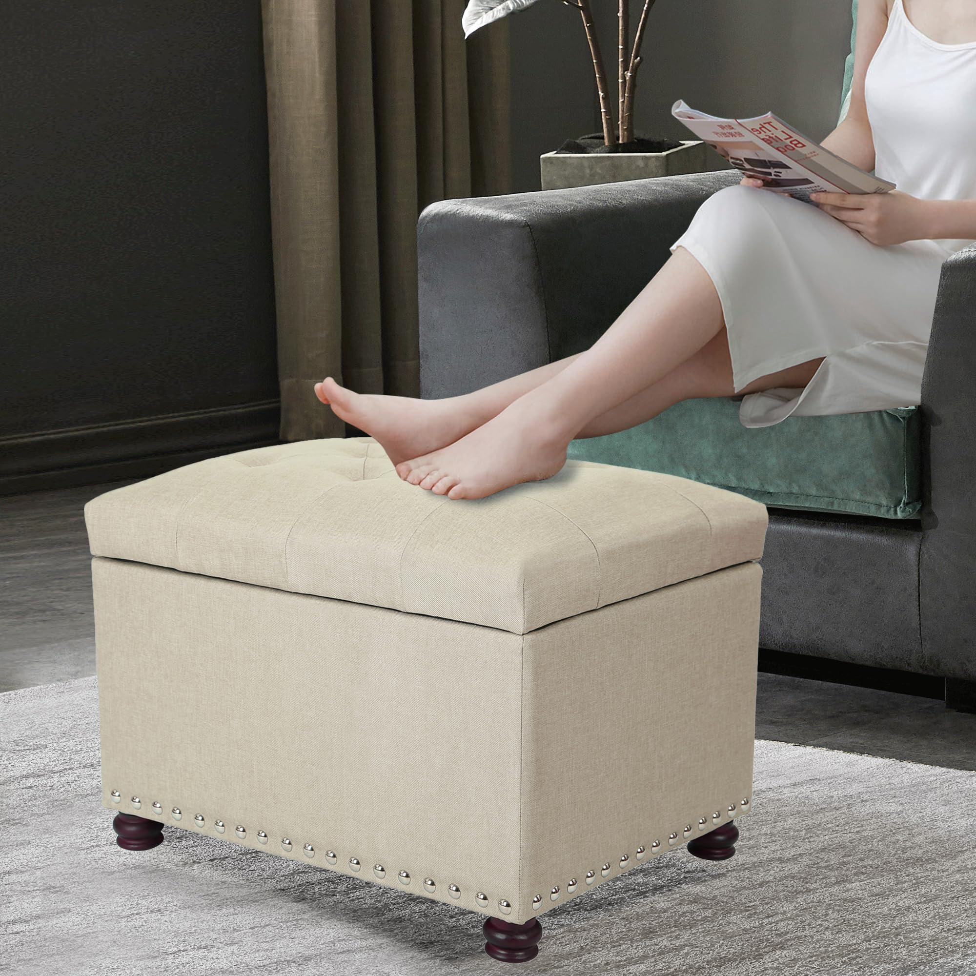 Storage Ottoman Bench Rectangular Fabric Organization Tufted Footrest for Living Room Bedroom