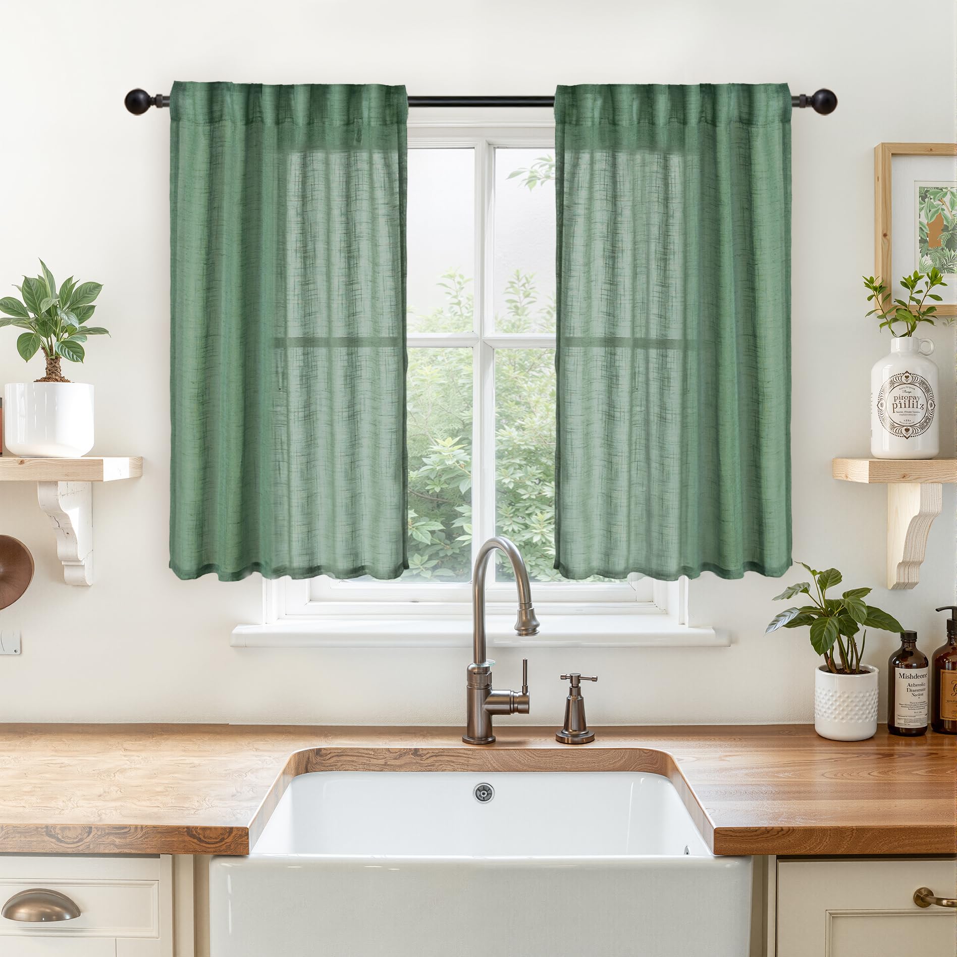 Green Linen Kitchen Window Curtains 40 Inch Length (2 Count)
