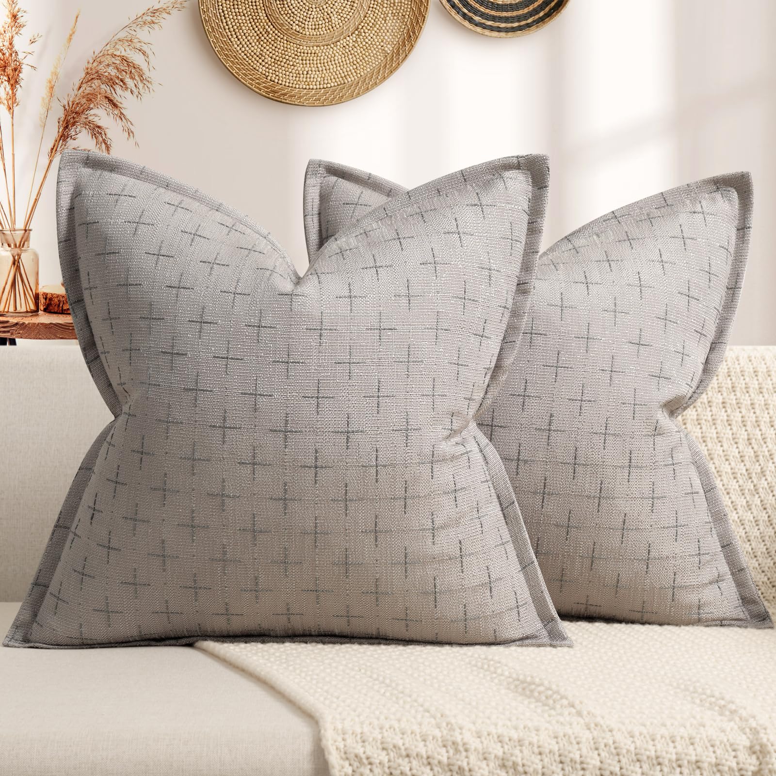 Pillow Covers 22x22 Set of 2 Soft Polyester Textured Pillow Covers with Stylish Flange Edge Cozy Farmhouse Throw Pillows for Couch Bed Sofa Living Room