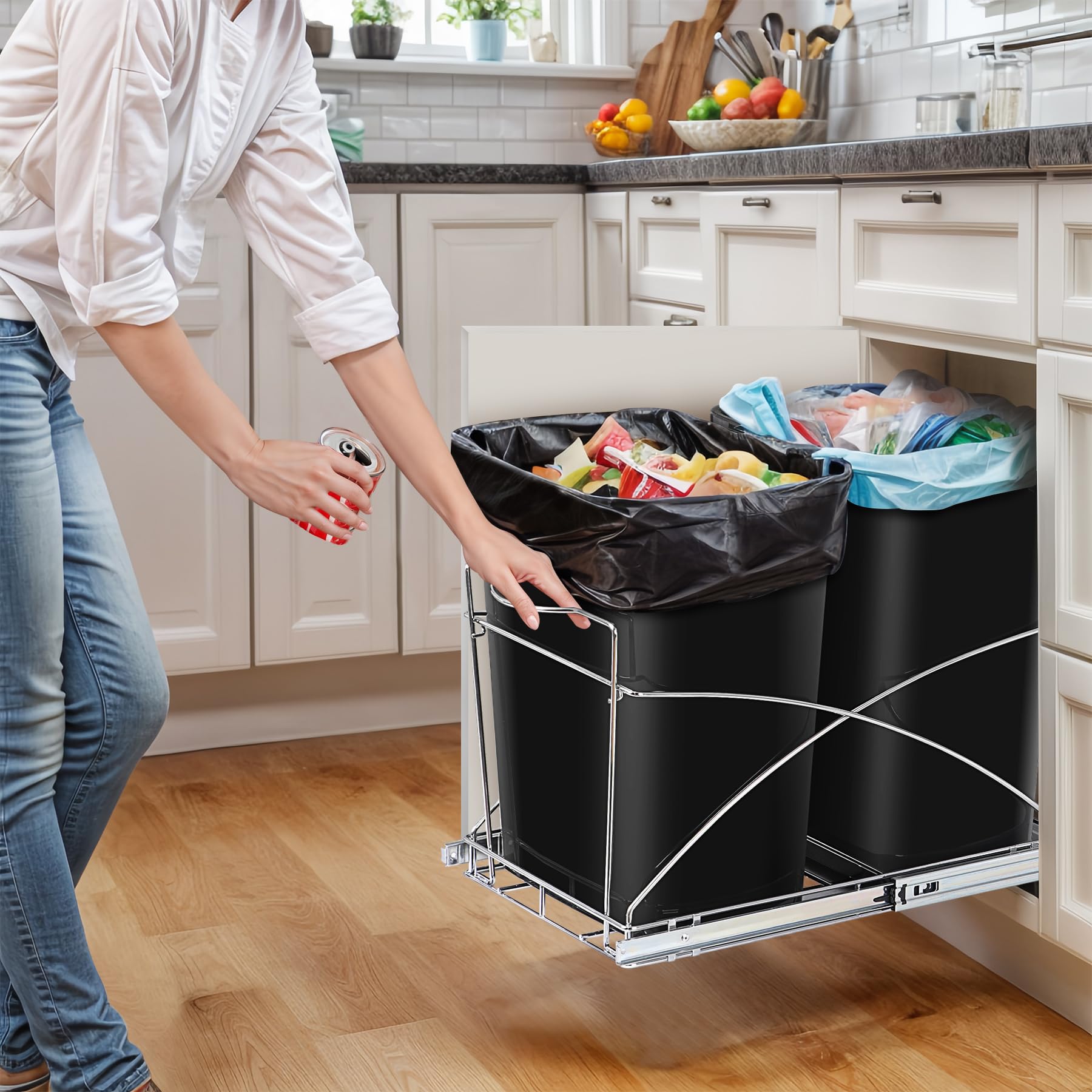 Double 35 Quart Pull Out Trash Can Under Cabinets Under Sink Garbage Sliding Waste Bin Container Recycling Bins with Chrome Wire Bottom Mount 44 lbs Load Capacity