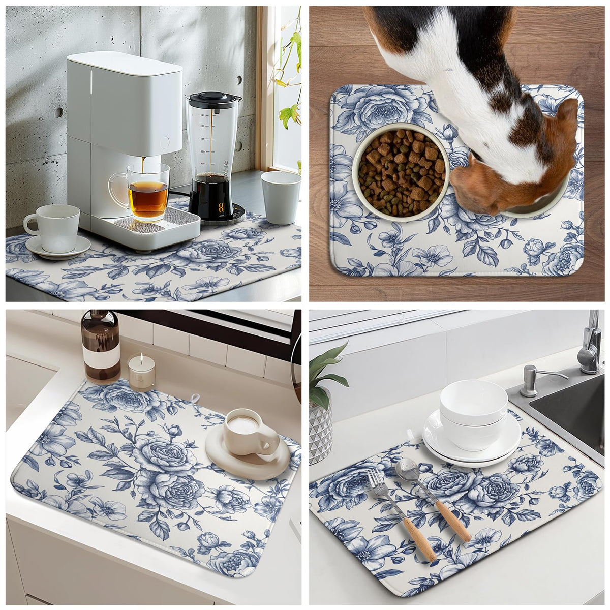 Vintage Floral Dish Drying Mat for Kitchen Counter Blue Floral Chinoiserie Pattern Dish Drying Pad 18x24 In Absorbent French Farmhouse Decor Dishes Drainer Pad Dish Dry Rack Mat for Counter Coffee Bar