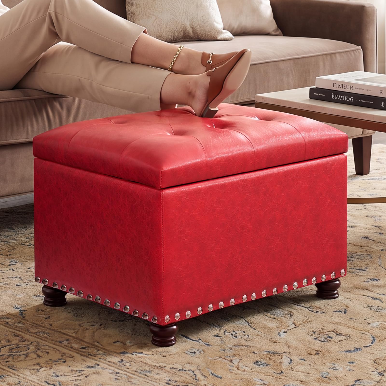 24'' Leather Storage Ottoman Rectangular Foot Rest Stool with Nailhead Trim for Bedroom Living Room