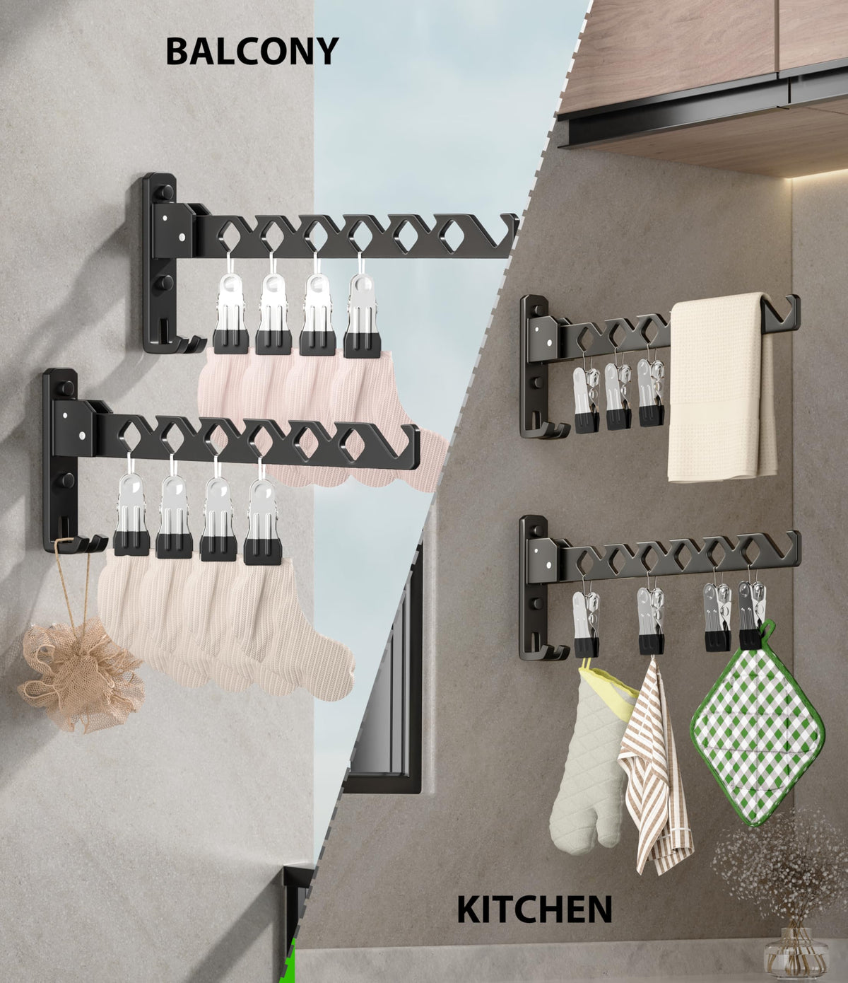 Wall Mount Coat Hanger Holder Black Clothes Drying Organizer Rack Garment Hooks Aluminium Retractable Folding Indoor Wall Mounted Hanger Space Saver for Laundry Room Bedroom Black 2 Pack with 8 Hooks (2 Count)