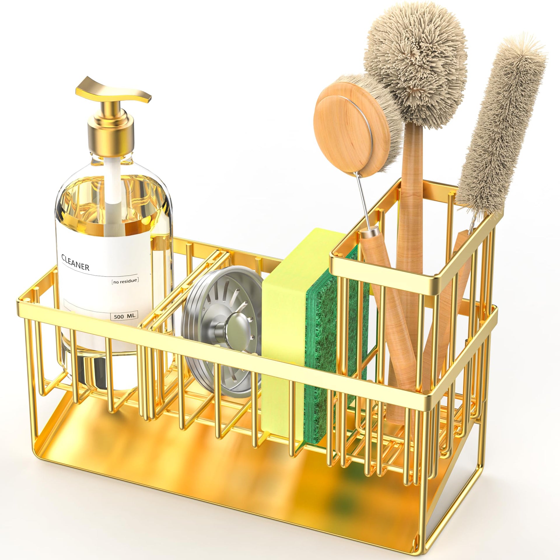 Gold Kitchen Sink Caddy Organzier with High Brush Holder