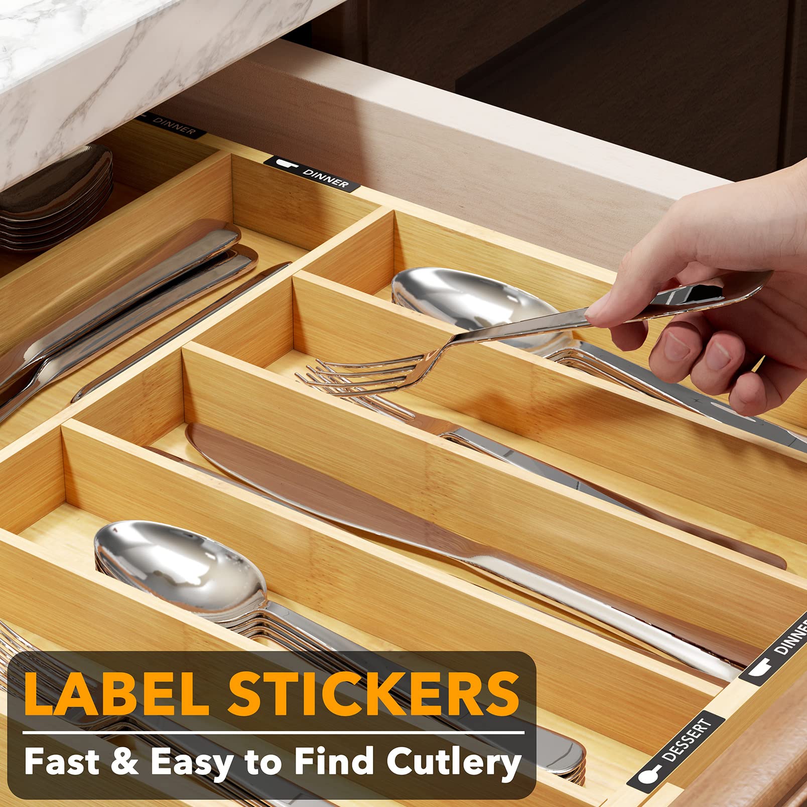 Bamboo Silverware Drawer Organizer with Labels