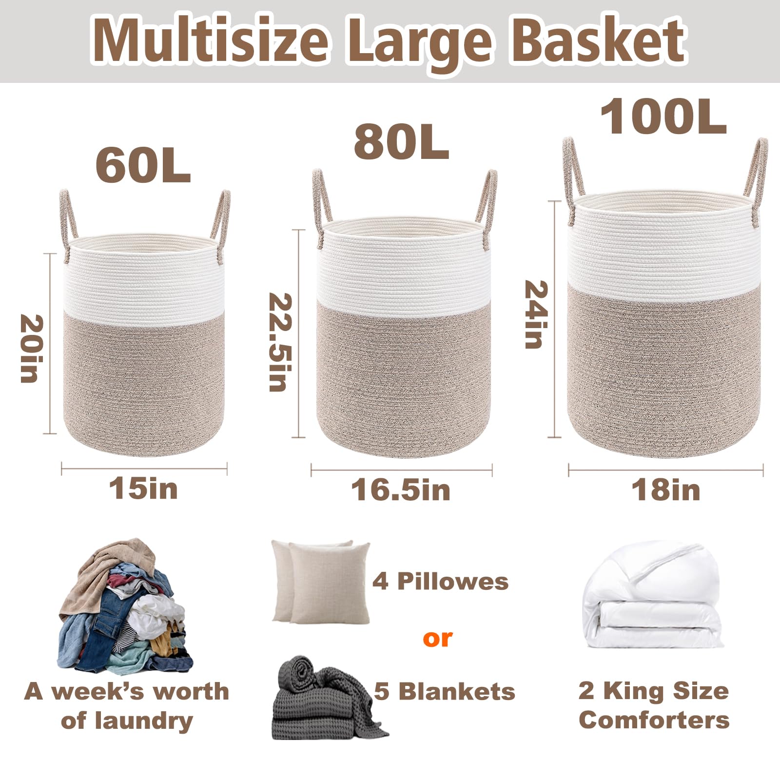 60L Cotton Rope Laundry Basket Hamper