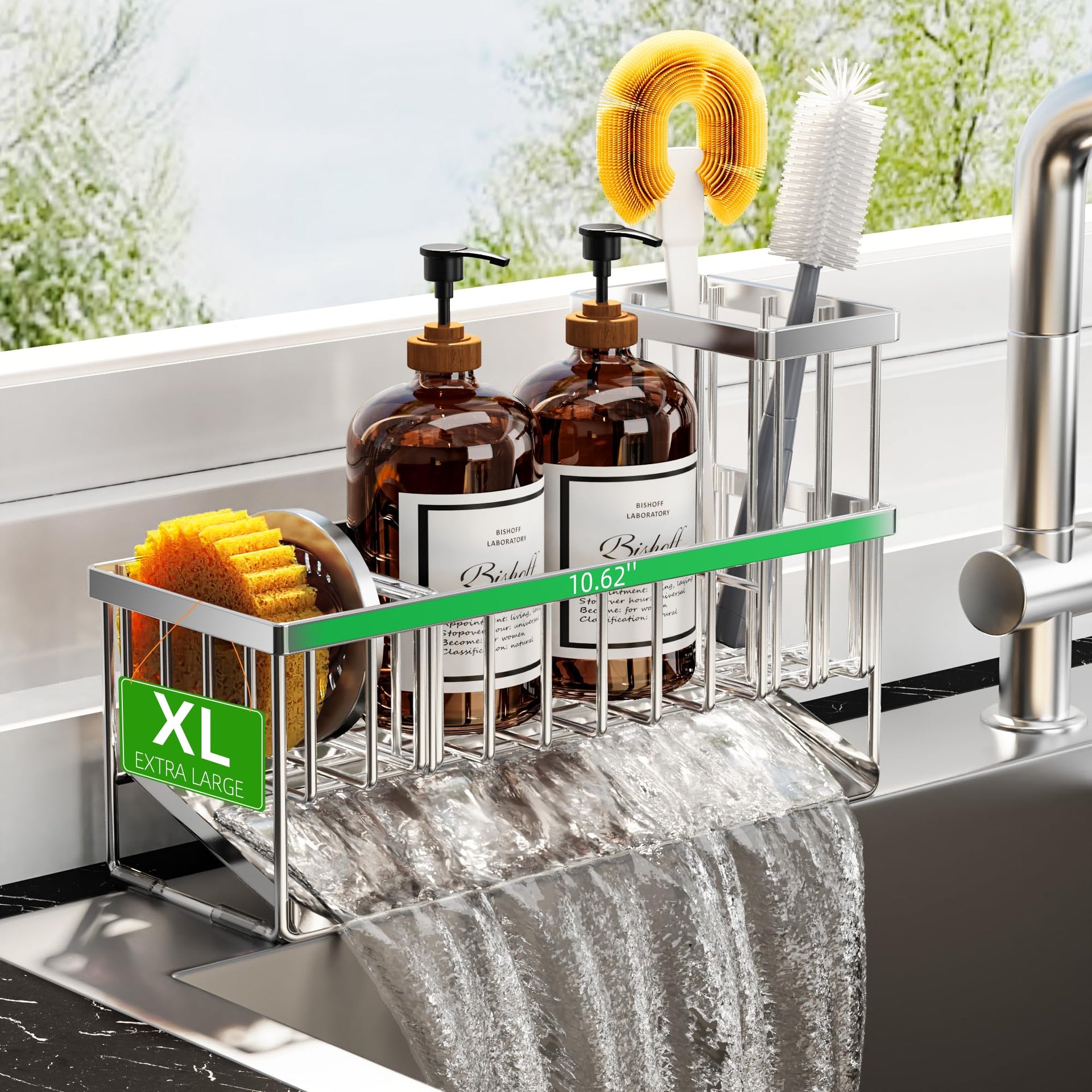 Extra Large Silver Kitchen Sink Caddy Organzier with High Brush Holder