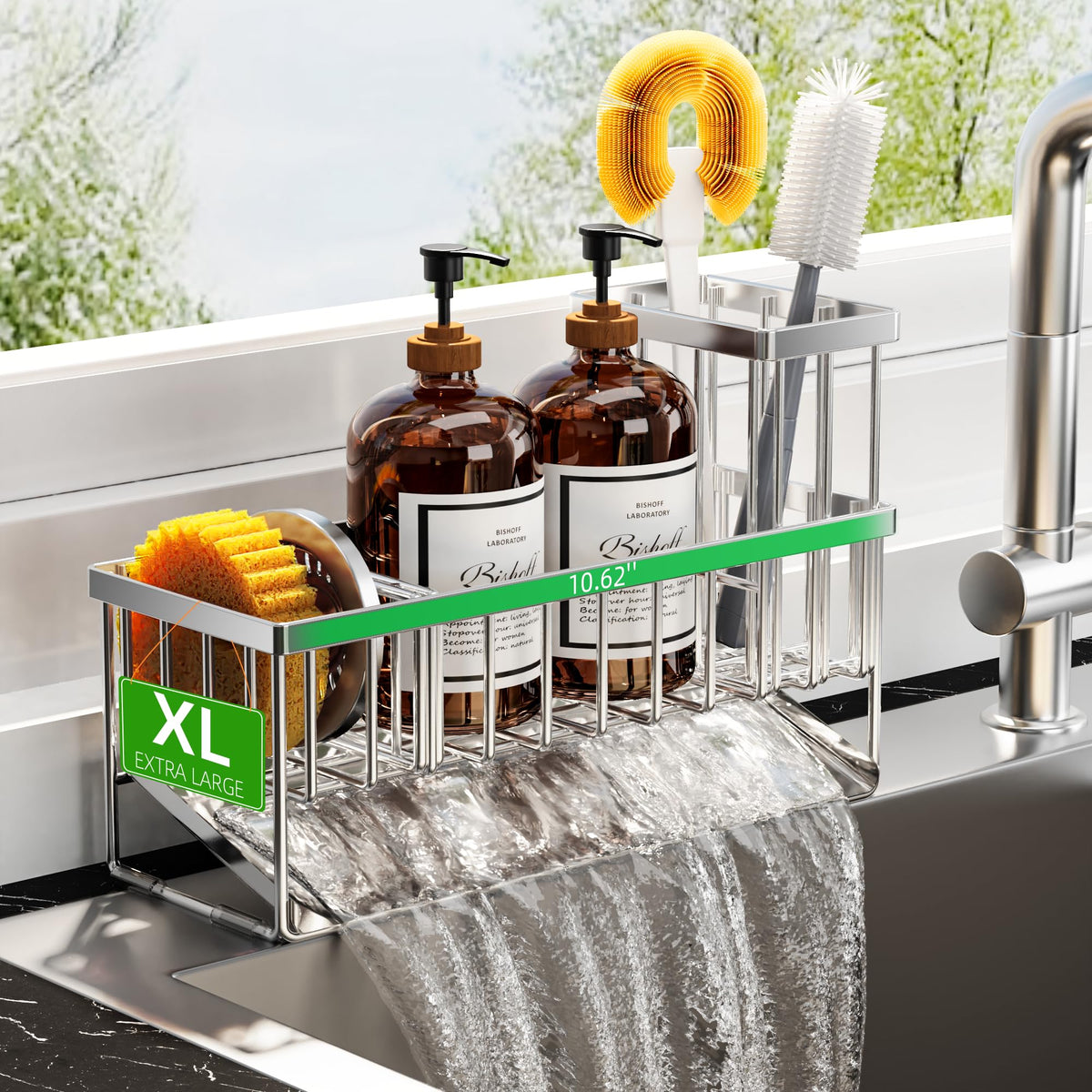 Extra Large Silver Kitchen Sink Caddy Organzier with High Brush Holder