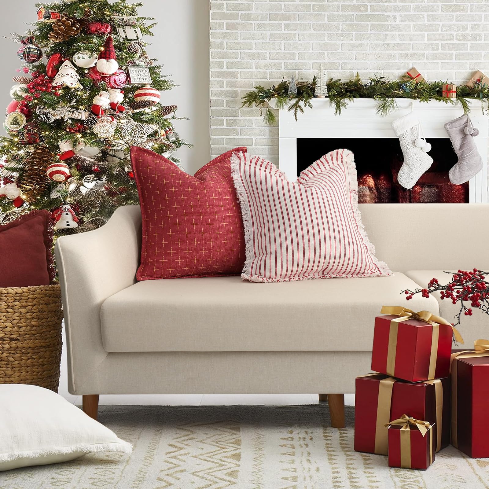 Christmas Pillow Covers 24x24 Set of 2 Soft Polyester Textured Red Pillows with Stylish Flange Edge Cozy Farmhouse Christmas Decor for Couch Bed Sofa Living Room (2 Count)