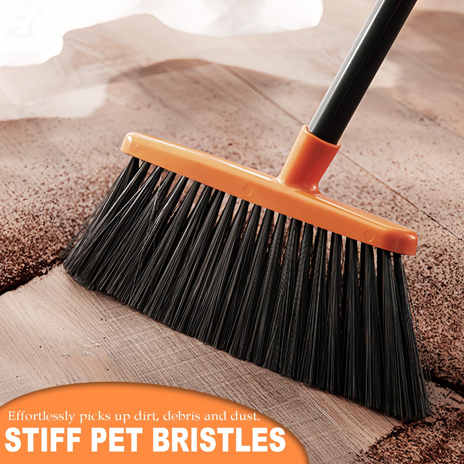 Small Broom Stiff Bristles Brush with Long Handle Indoor or Outdoor Compact Broom for Sweeping Patio Garage Garden