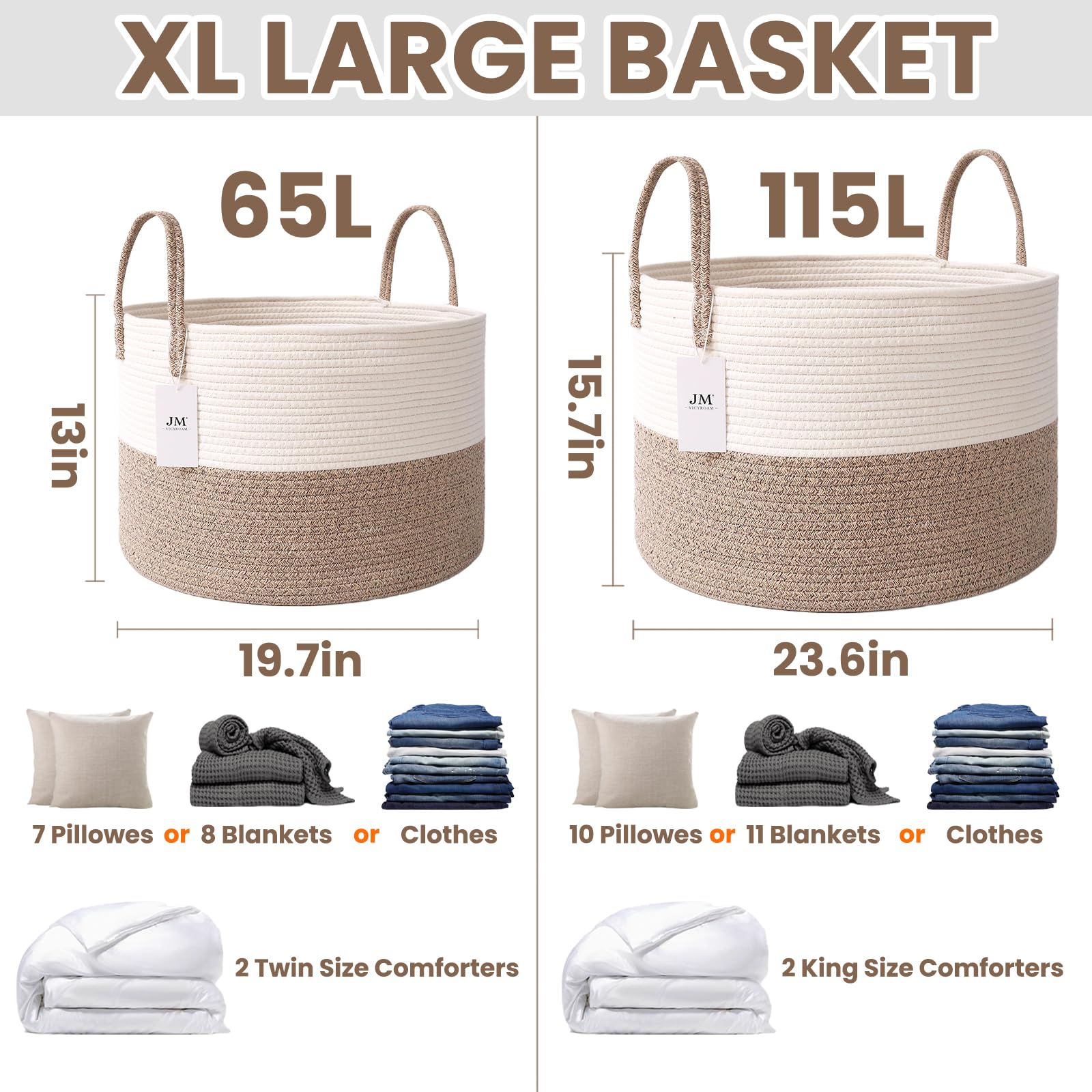 65L Extra Large Machine Washable Cotton Rope Blanket Basket