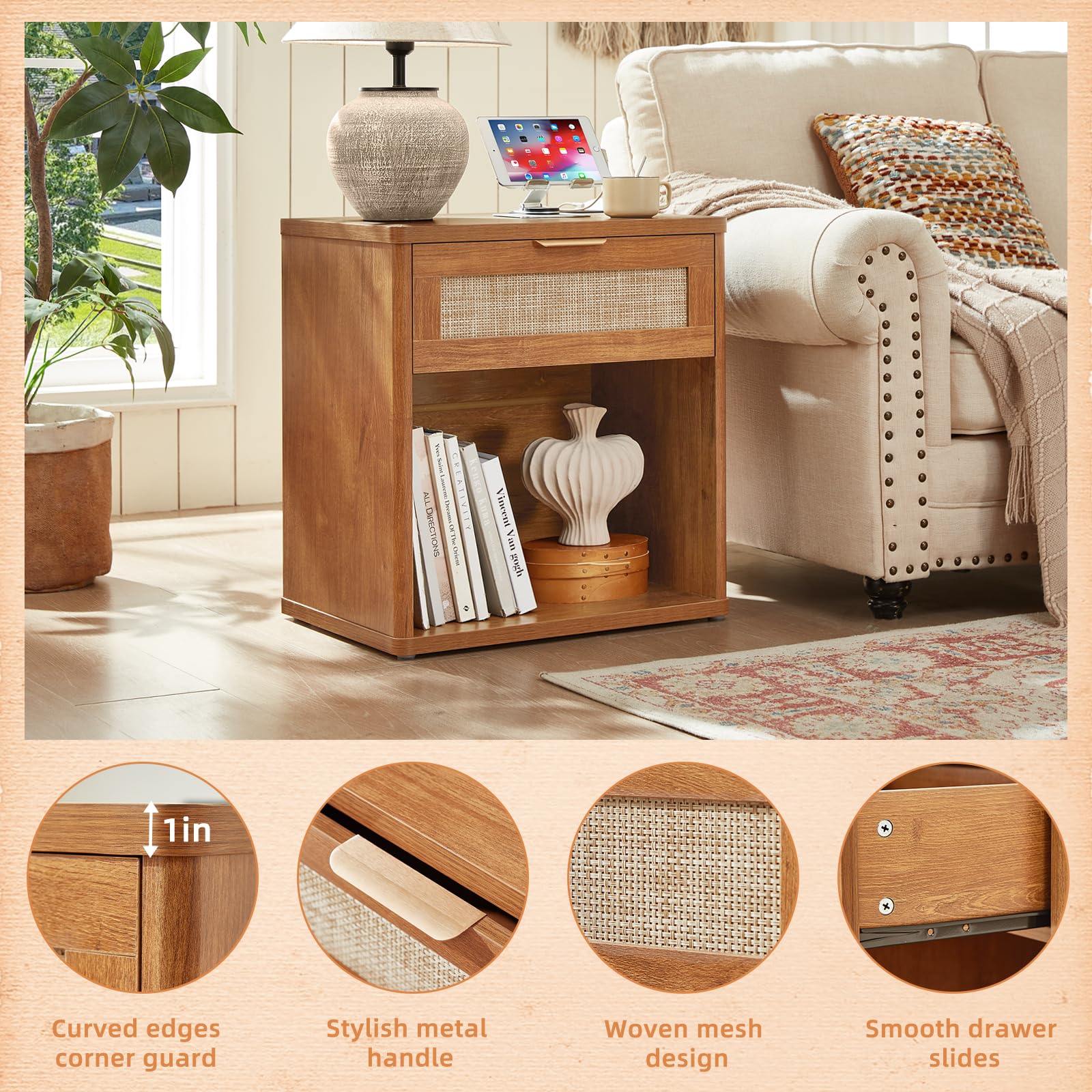 Rattan Nightstand with Charging Station